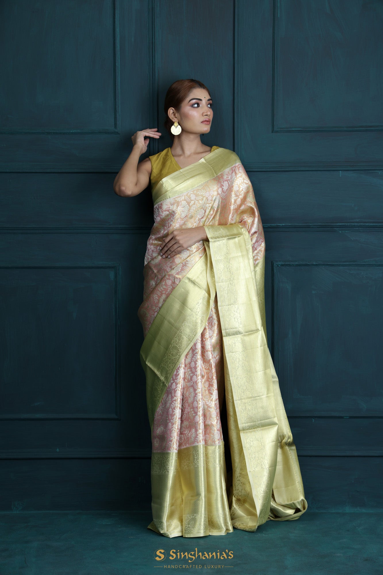 Tea Rose Pink Tissue Kanjivaram Saree With Floral Jaal Weaving