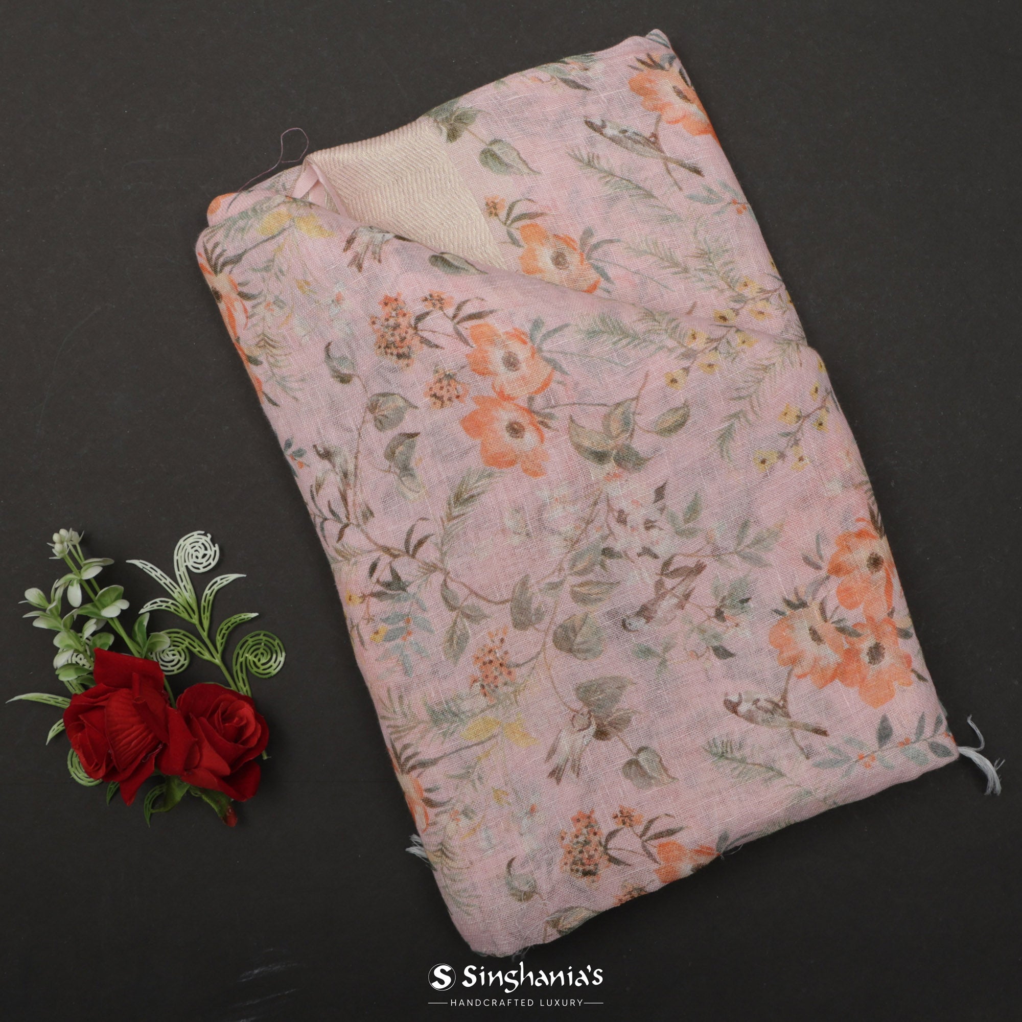 Baby Pink Printed Linen Saree With Floral Jaal Design