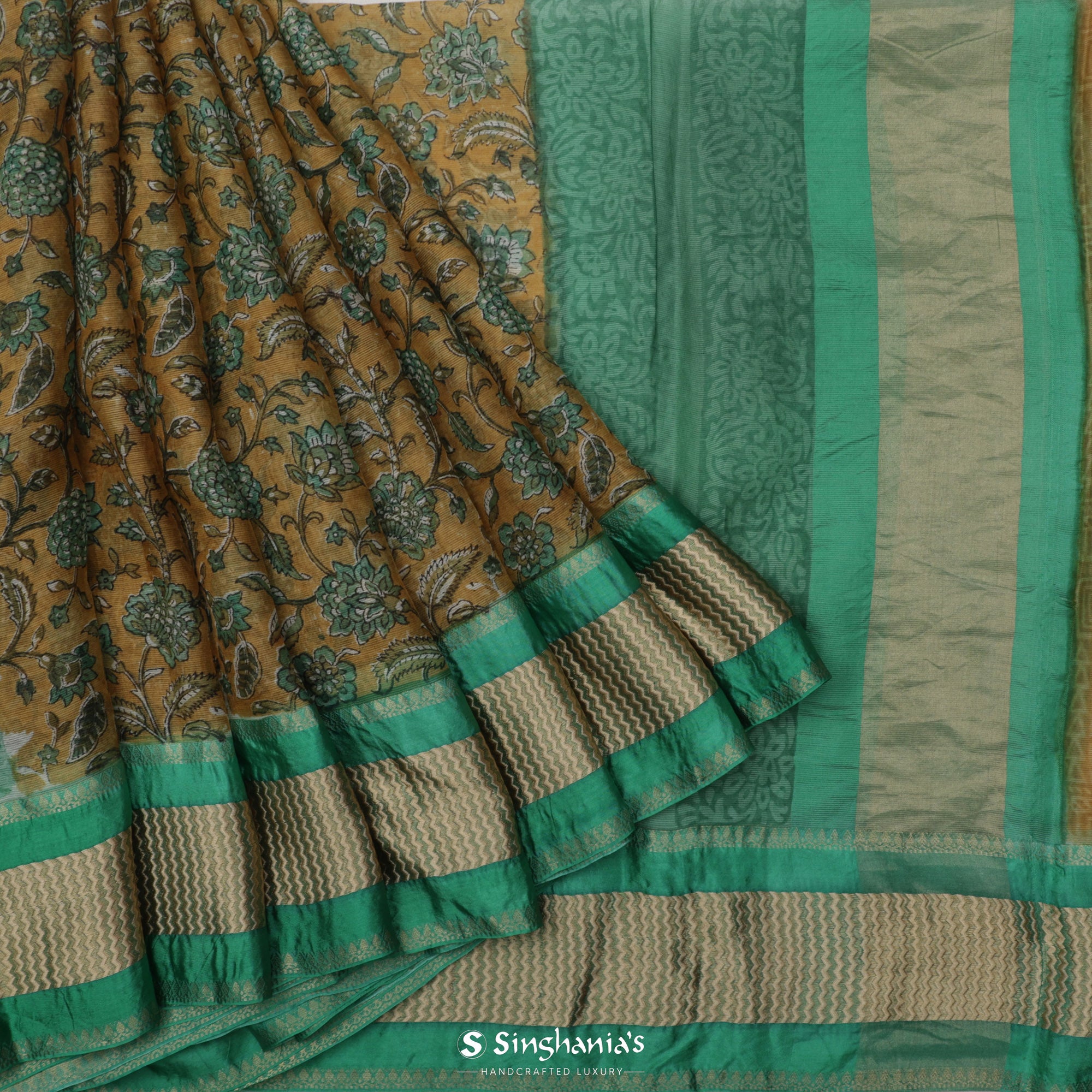 Mineral Yellow Printed Maheshwari Saree With Floral Jaal Design