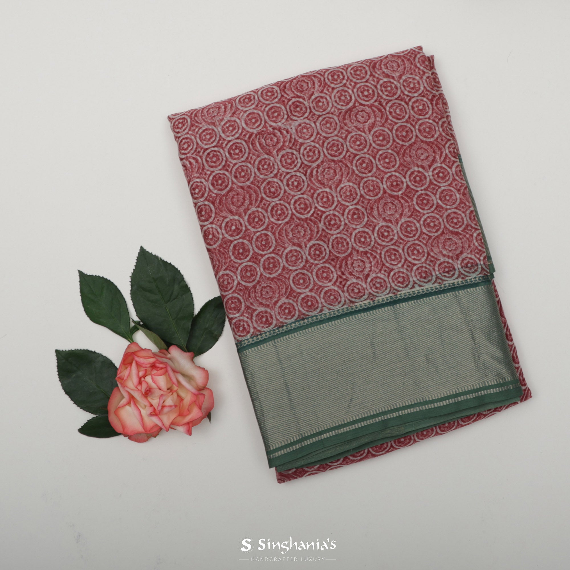 Rose Red Printed Maheshwari Silk Saree With Floral Motif Pattern