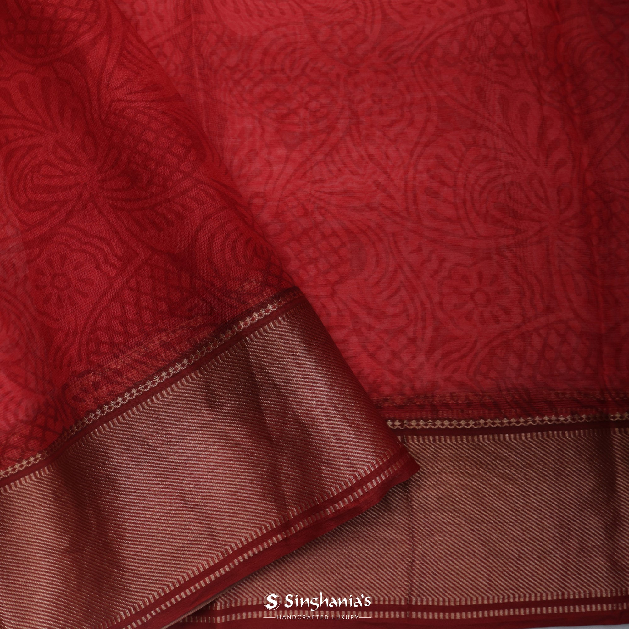 Deep Brown-Red Printed Maheshwari Saree With Geometrical Design