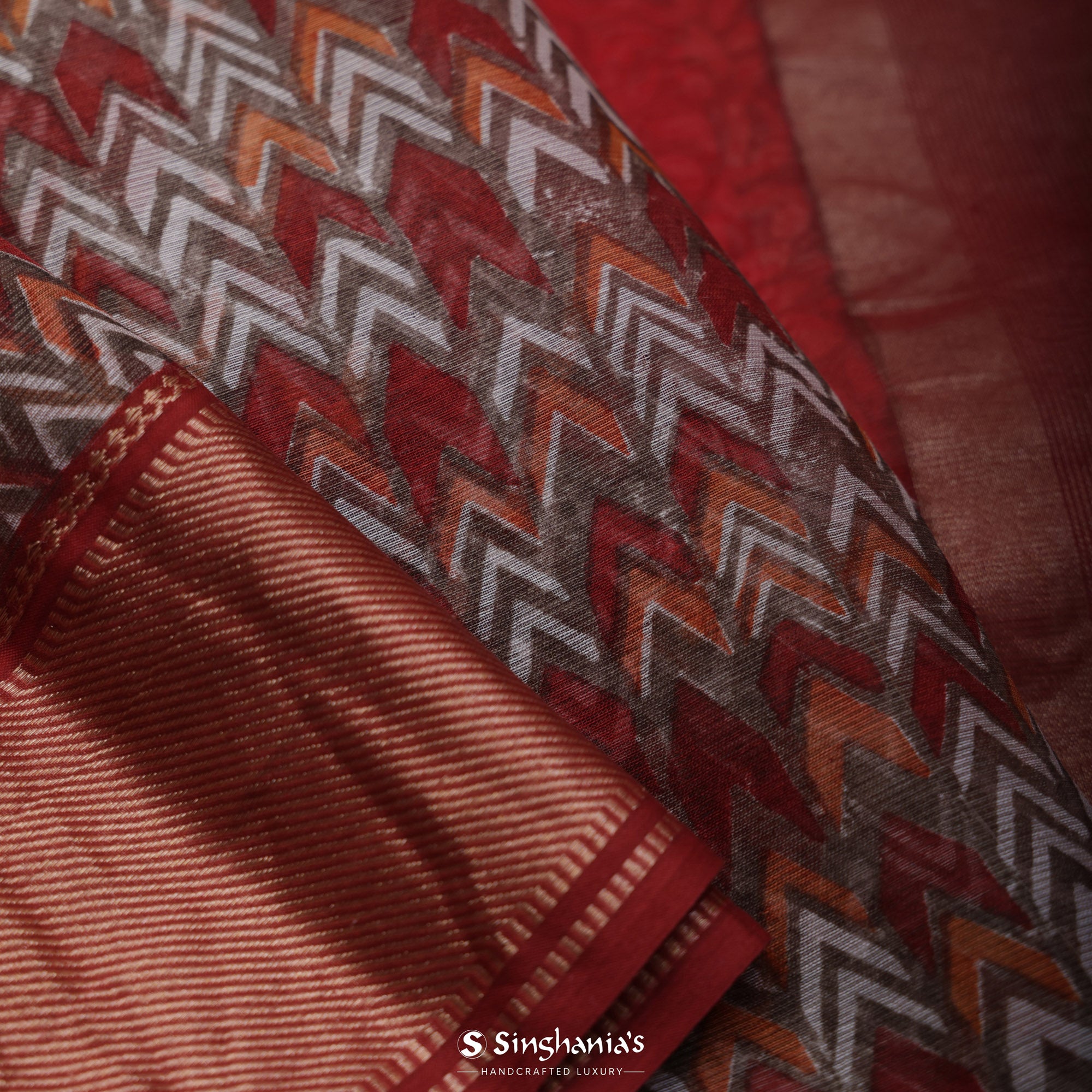 Deep Brown-Red Printed Maheshwari Saree With Geometrical Design