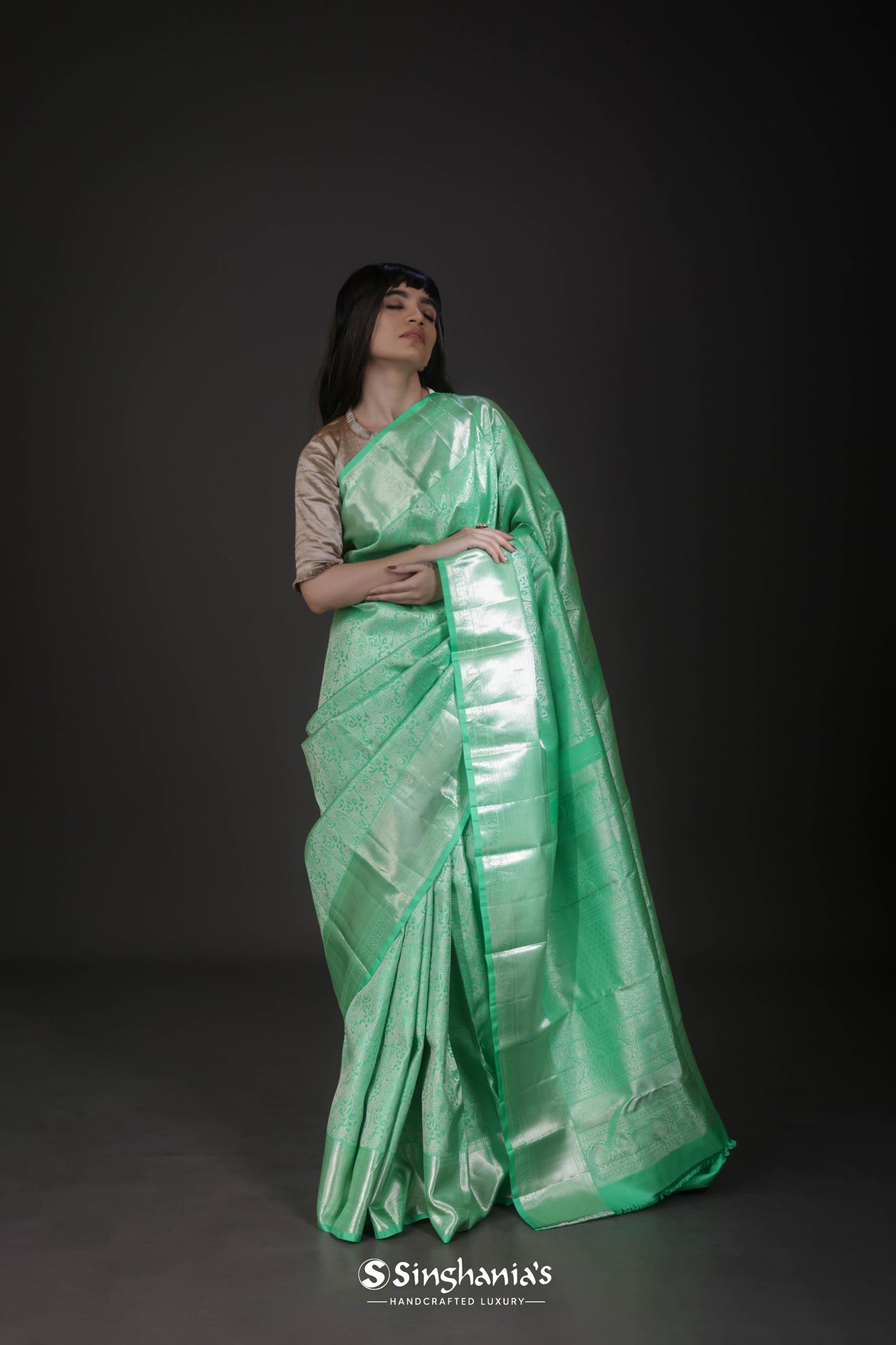 Mint Green Floral Jaal Kanjivaram Silk Saree