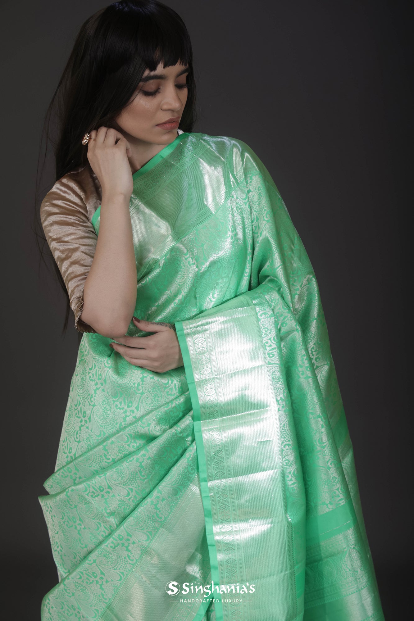 Mint Green Floral Jaal Kanjivaram Silk Saree