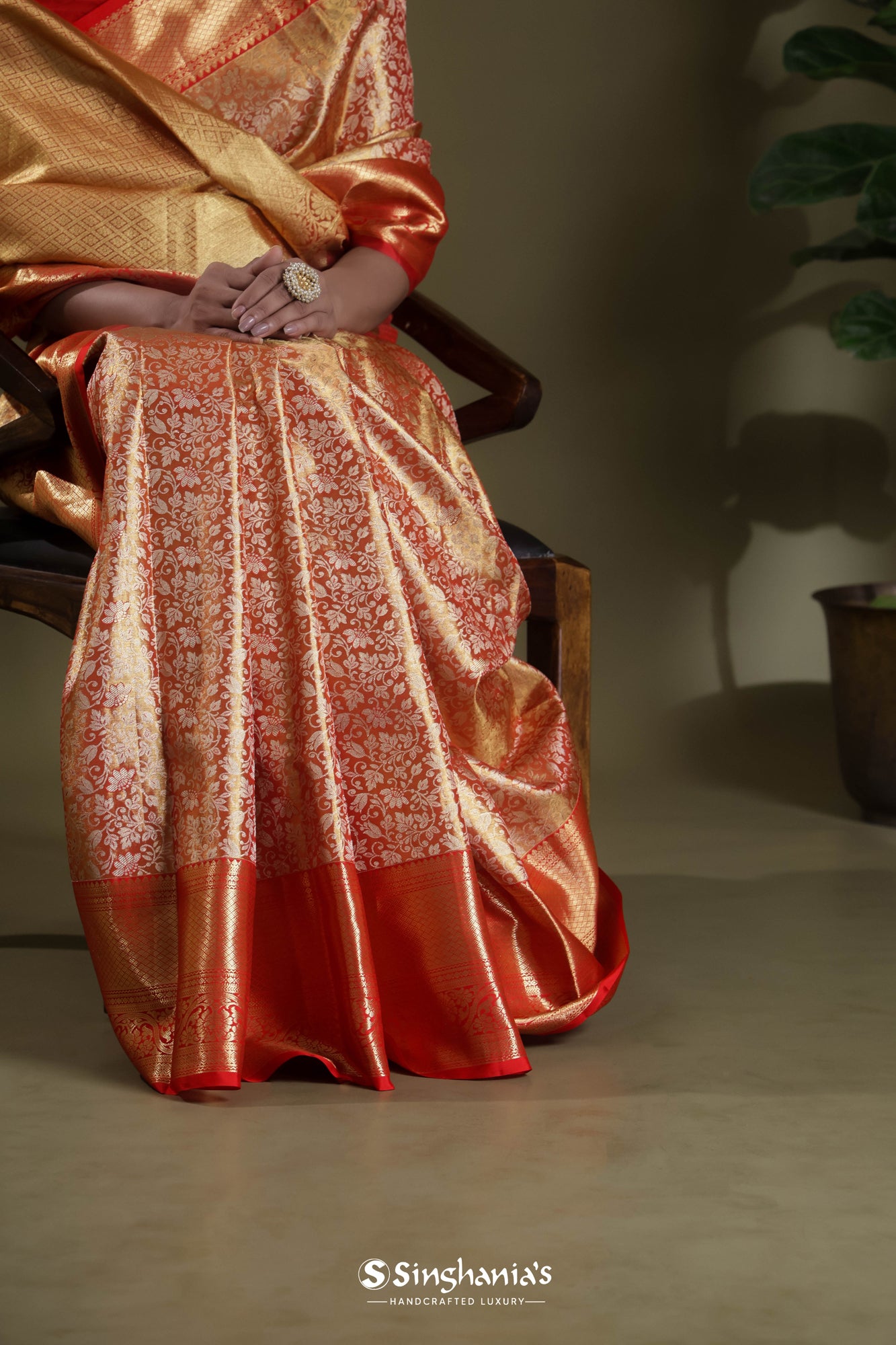 Gold-Red Tissue Kanjivaram Saree With Floral Jaal Weaving