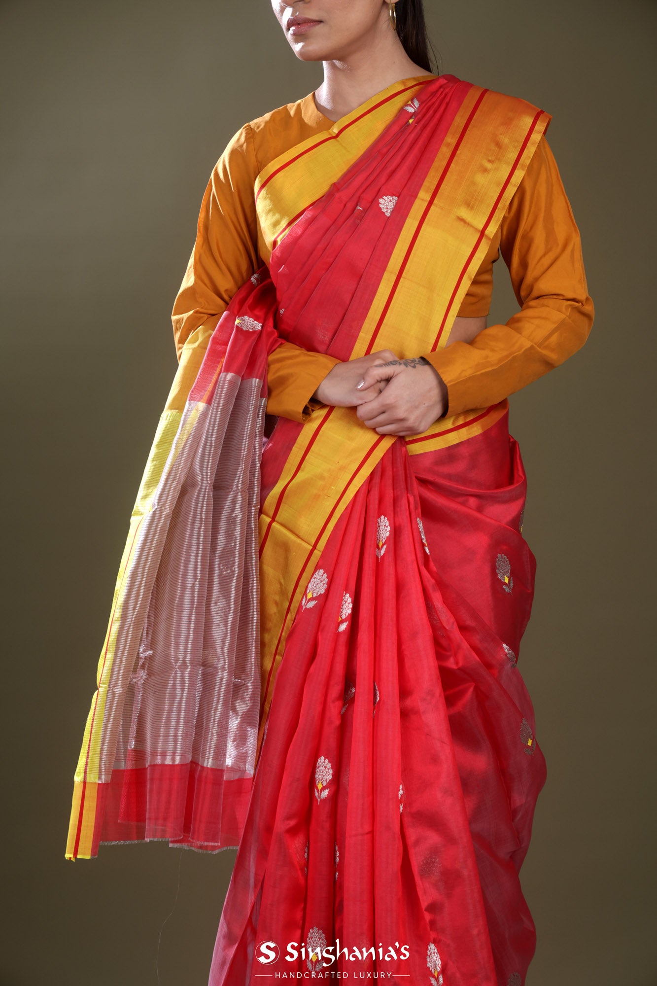 Persian Red Chanderi Saree With Floral Buttas Weaving