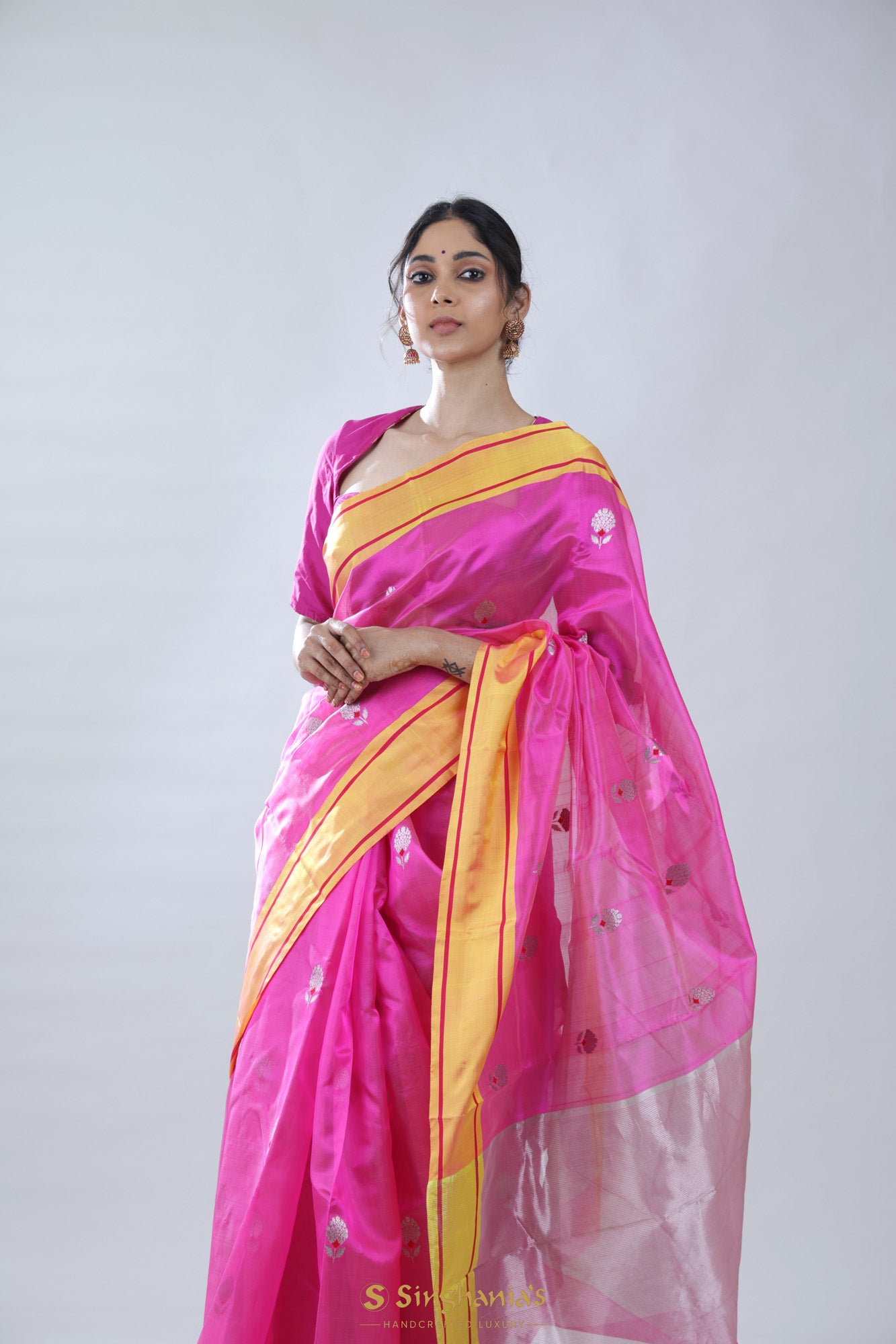 Barbie Pink Chanderi Meenakari Saree With Floral Buttas