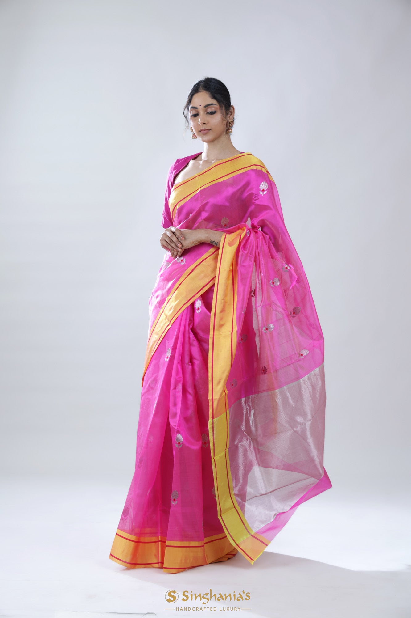 Barbie Pink Chanderi Meenakari Saree With Floral Buttas