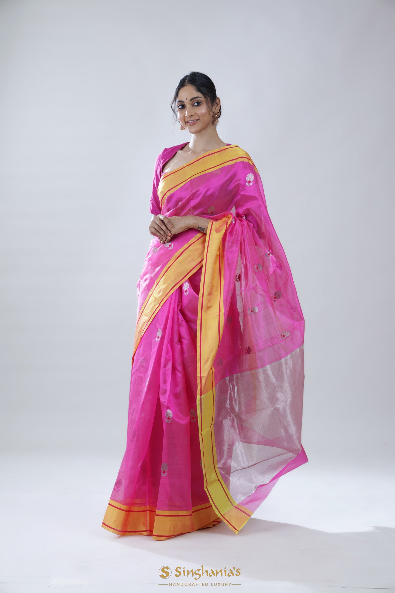 Barbie Pink Chanderi Meenakari Saree With Floral Buttas