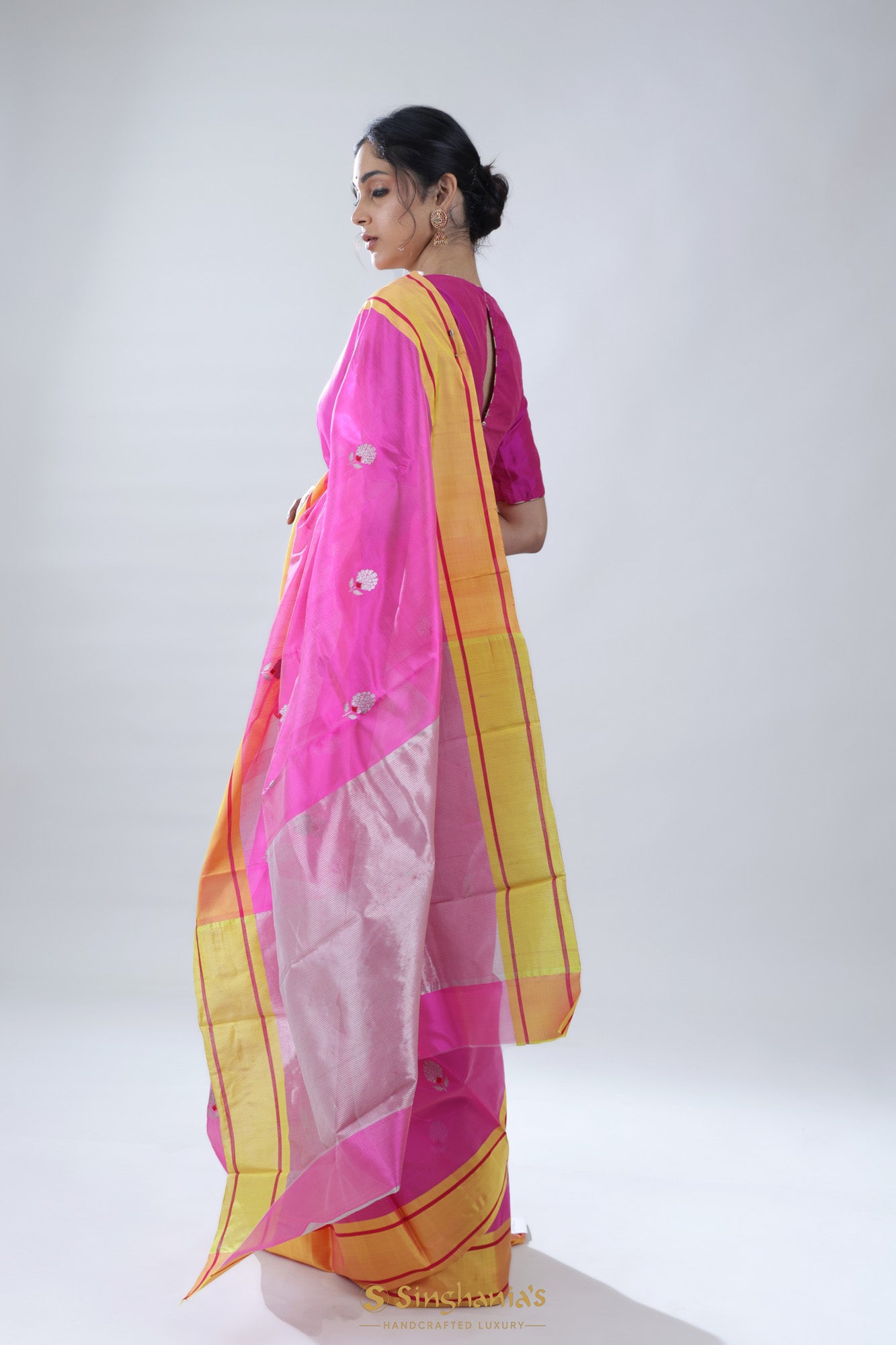 Barbie Pink Chanderi Meenakari Saree With Floral Buttas