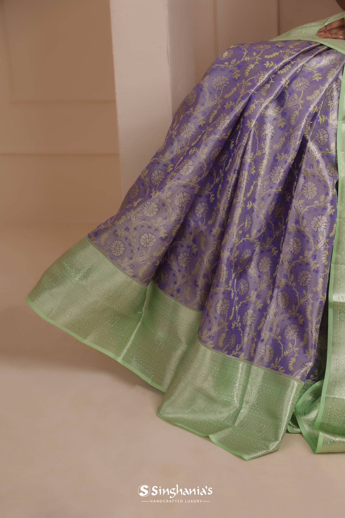 Deep Blue-Purple Kanjivaram Silk Saree With Floral Jaal Weaving