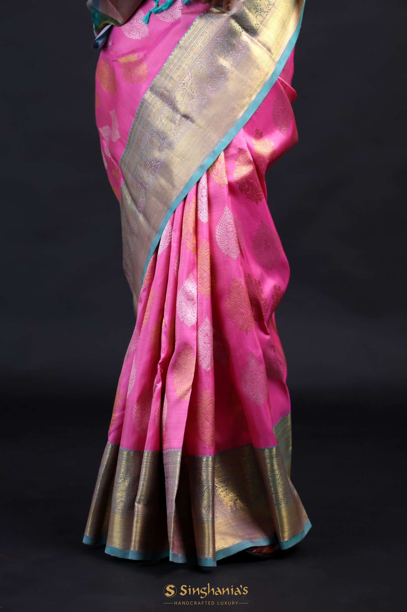 Neon Pink Kanjivaram Silk Saree With Floral Buttas Weaving