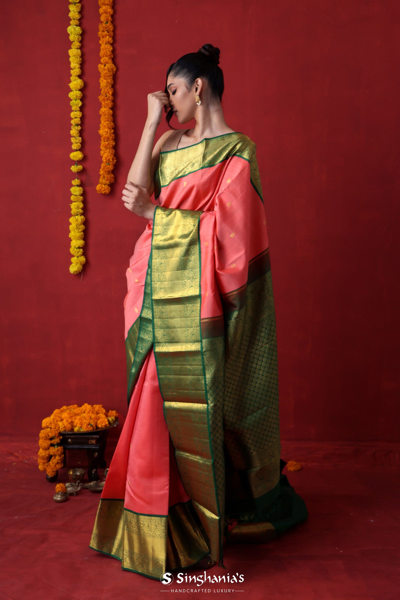 Candy Pink Kanjivaram Silk Saree With Floral Butti Design