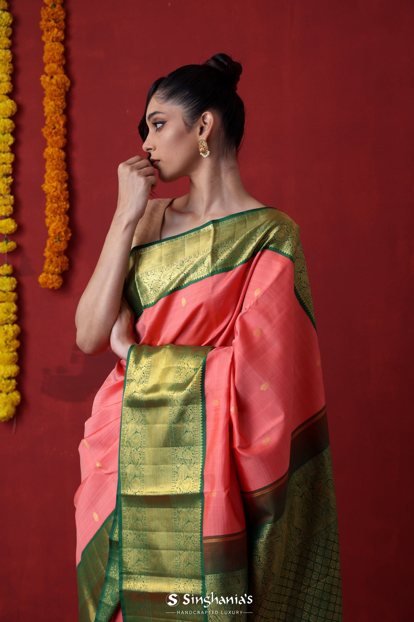 Candy Pink Kanjivaram Silk Saree With Floral Butti Design