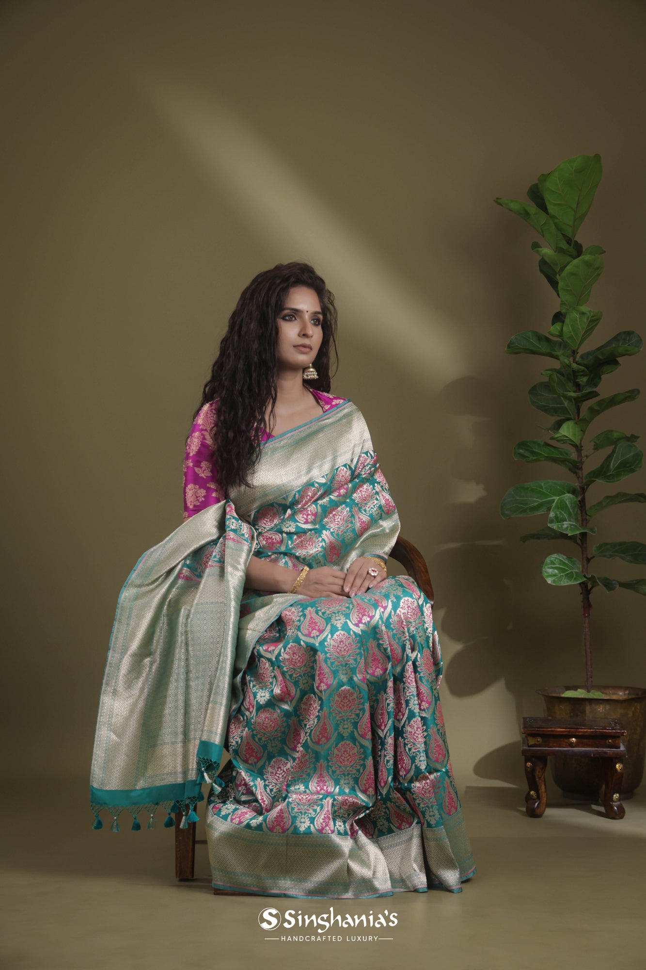 Midnight Green Meenakari Banarasi Silk Saree