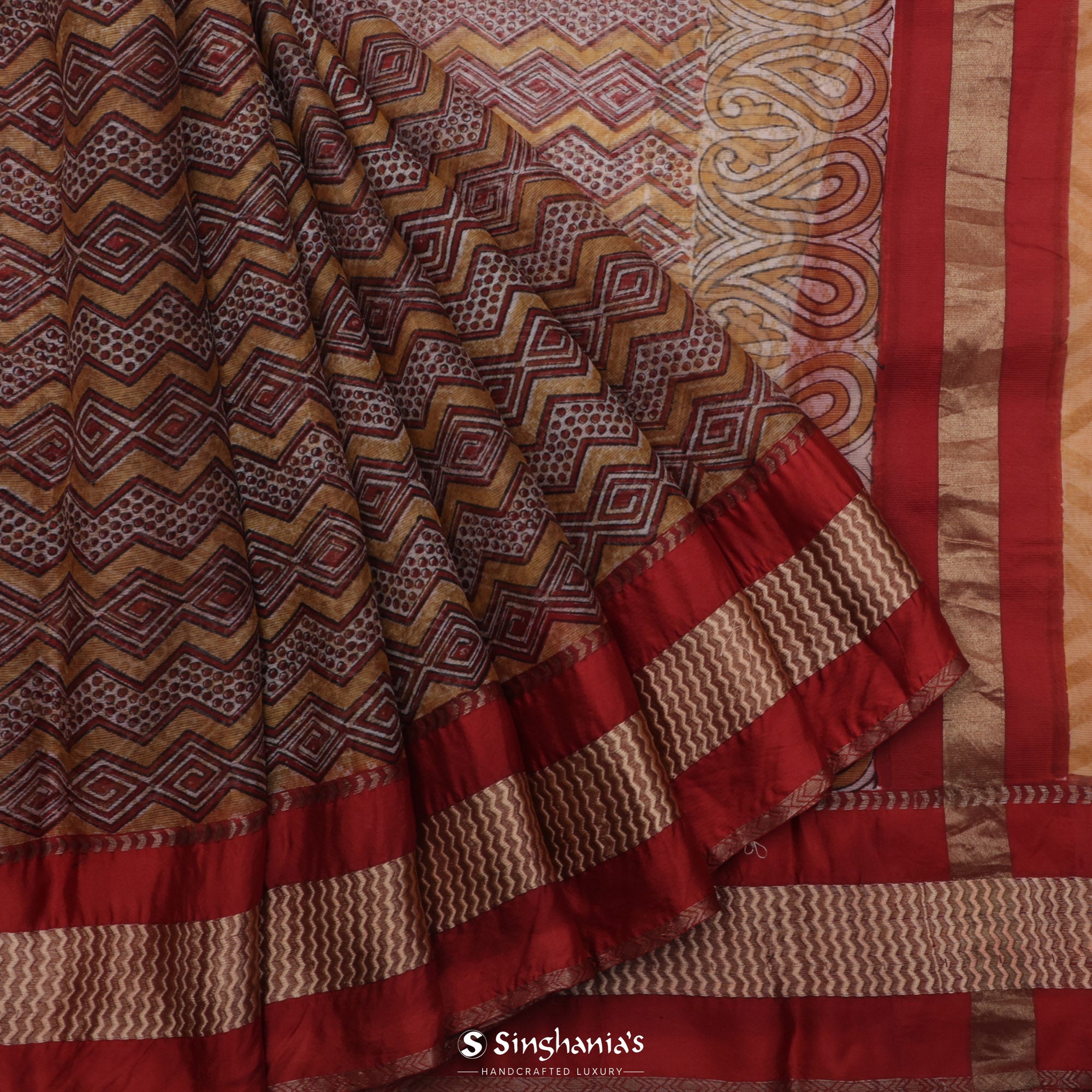 Red-Brown Multicolour Printed Maheshwari Saree With Geometrical Design