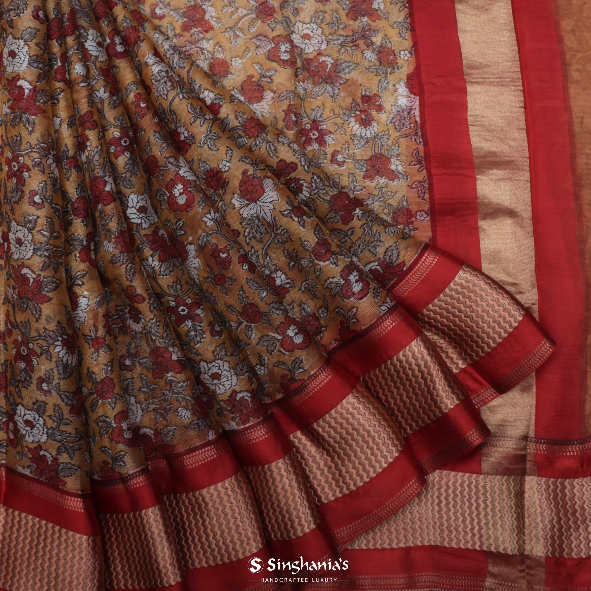 Tan Brown Printed Maheshwari Silk Saree With Floral Jaal Design