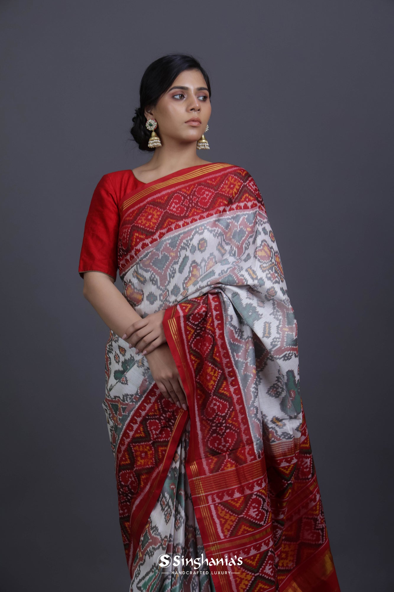 Silvery Grey Ikat Patola Silk Saree