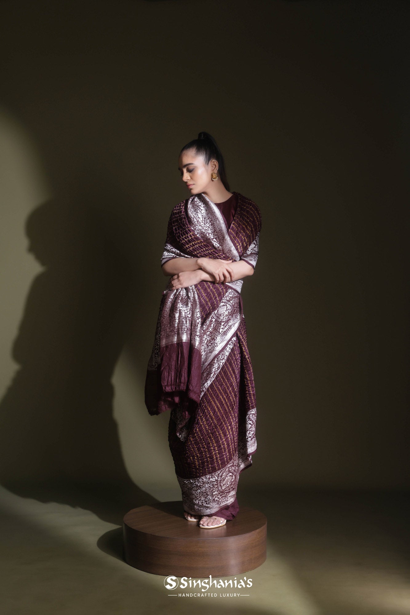 Dark Mahogany Brown Bandhani Kanjivaram Saree