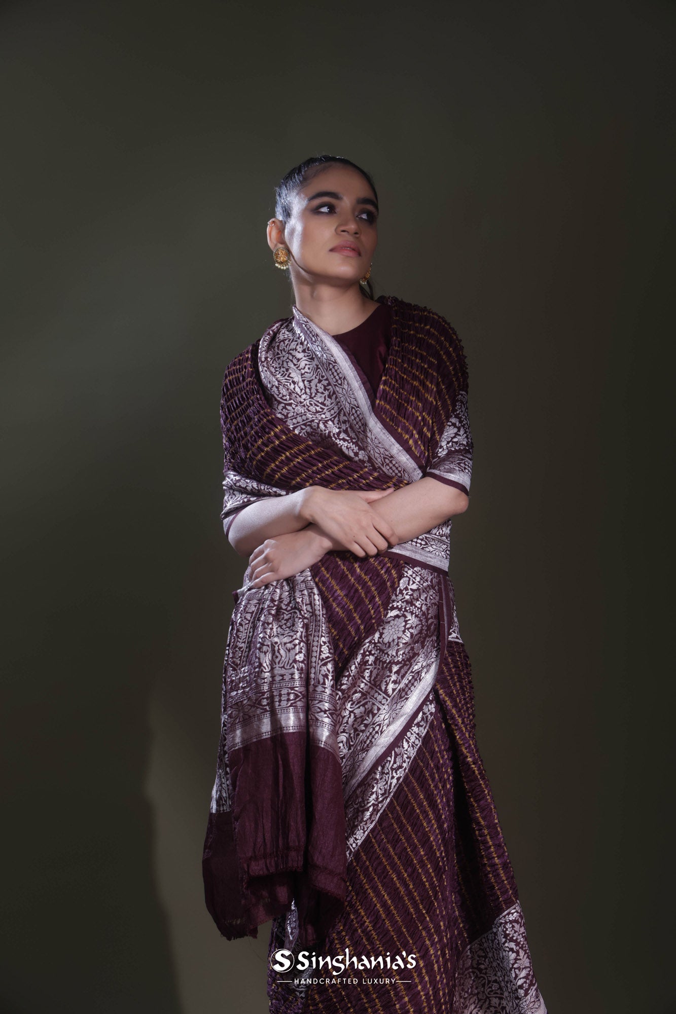 Dark Mahogany Brown Bandhani Kanjivaram Saree