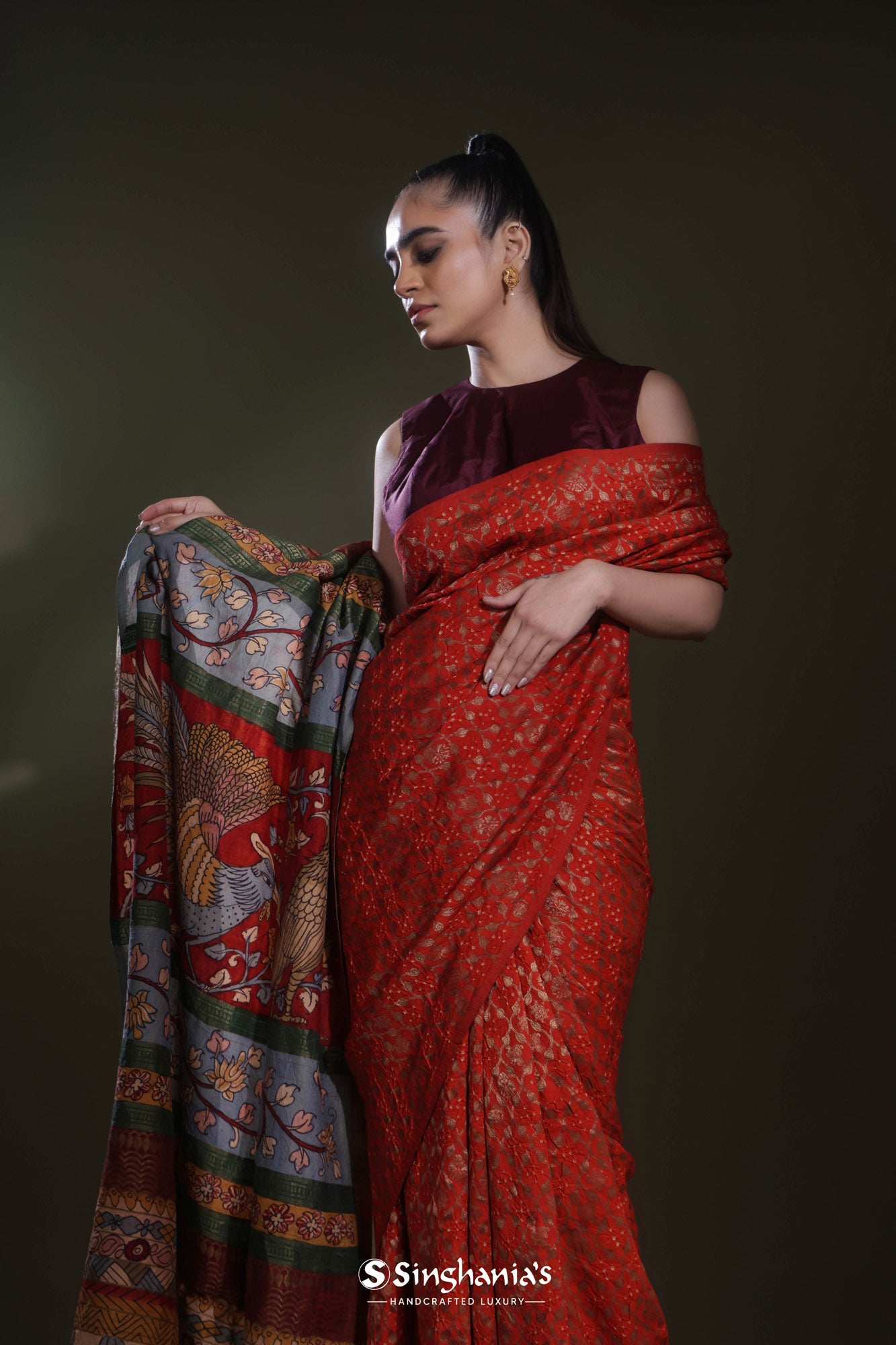 Cranelian Red Bandhani Silk Saree