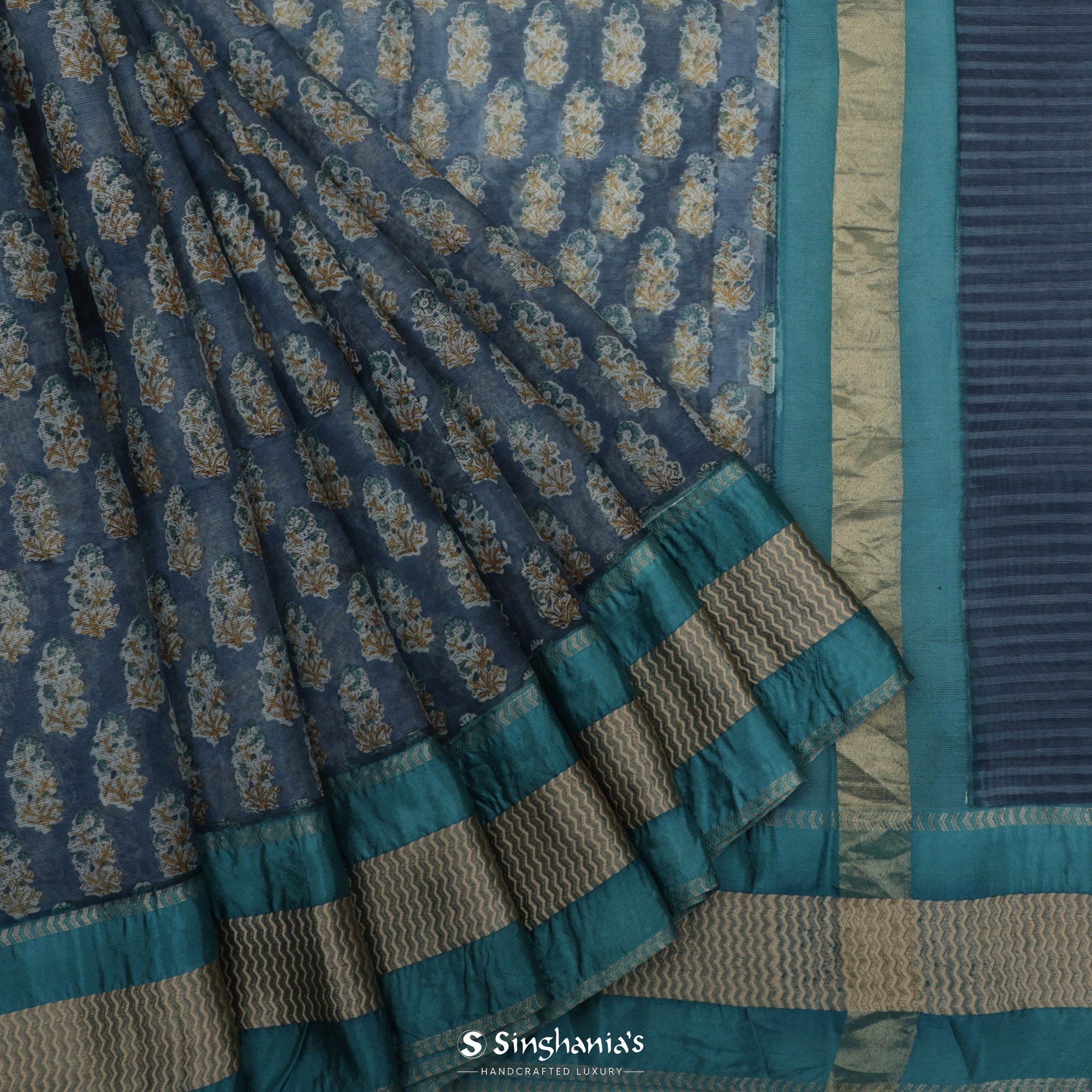 Queen Blue Printed Maheshwari Saree With Floral Jaal Design