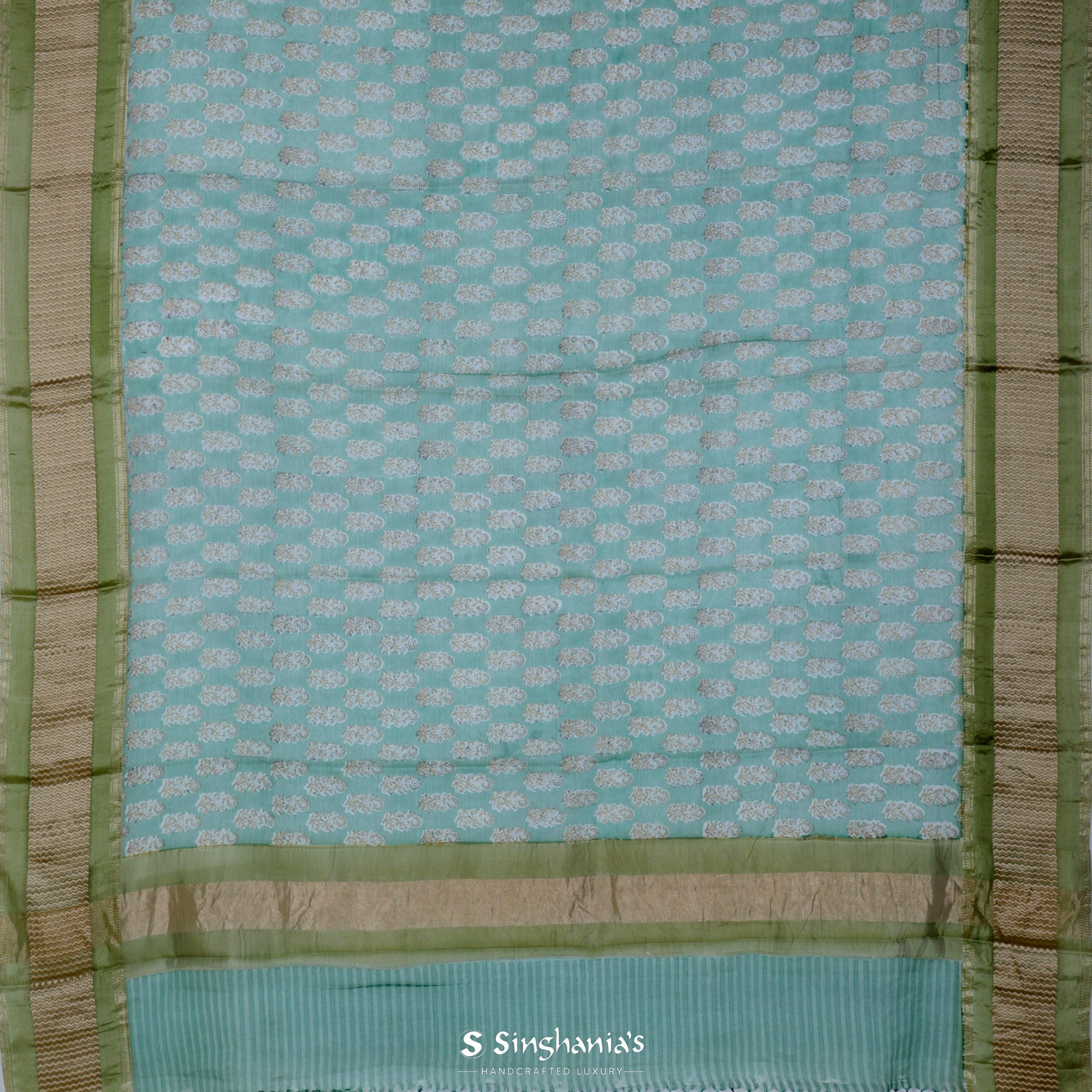 Tiffany Blue Printed Maheshwari Silk Saree With Floral Motif Pattern