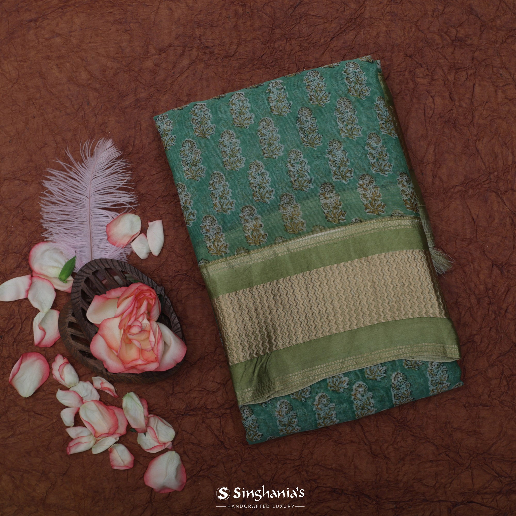 Tiffany Blue Printed Maheshwari Silk Saree With Floral Motif Pattern