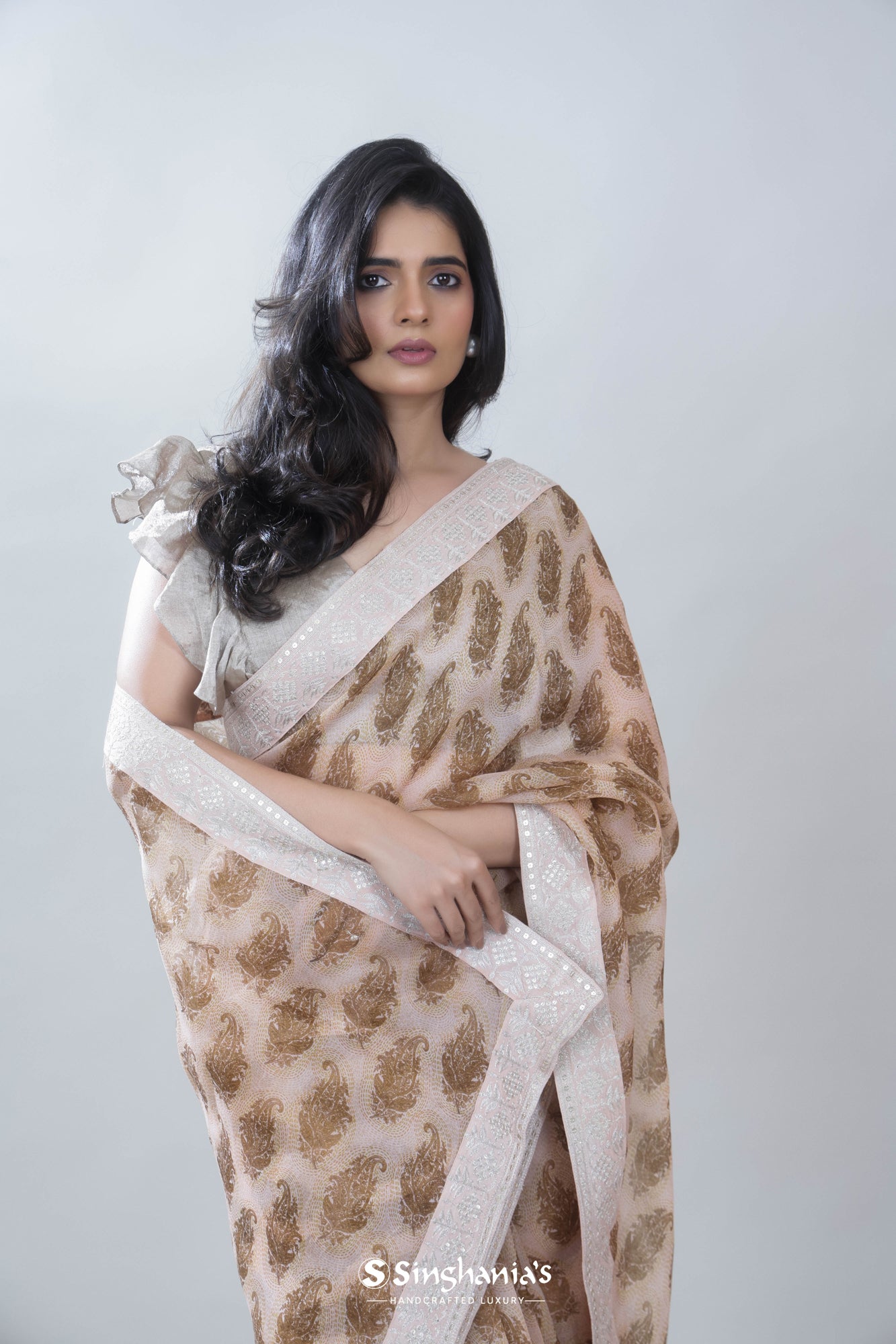 Misty Rose Pink Printed Organza Saree With Floral Paisley Design