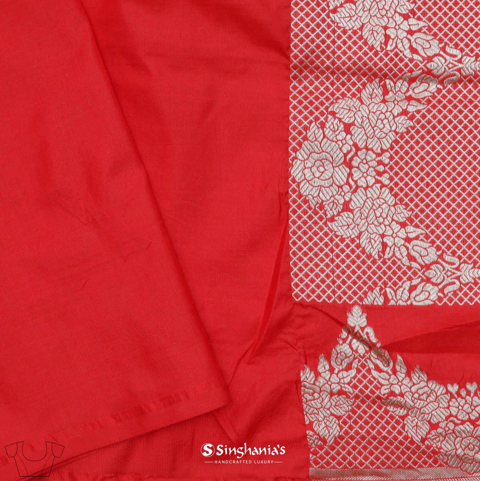 Chilli Red Banarasi Silk Saree With Floral Jaal Weaving