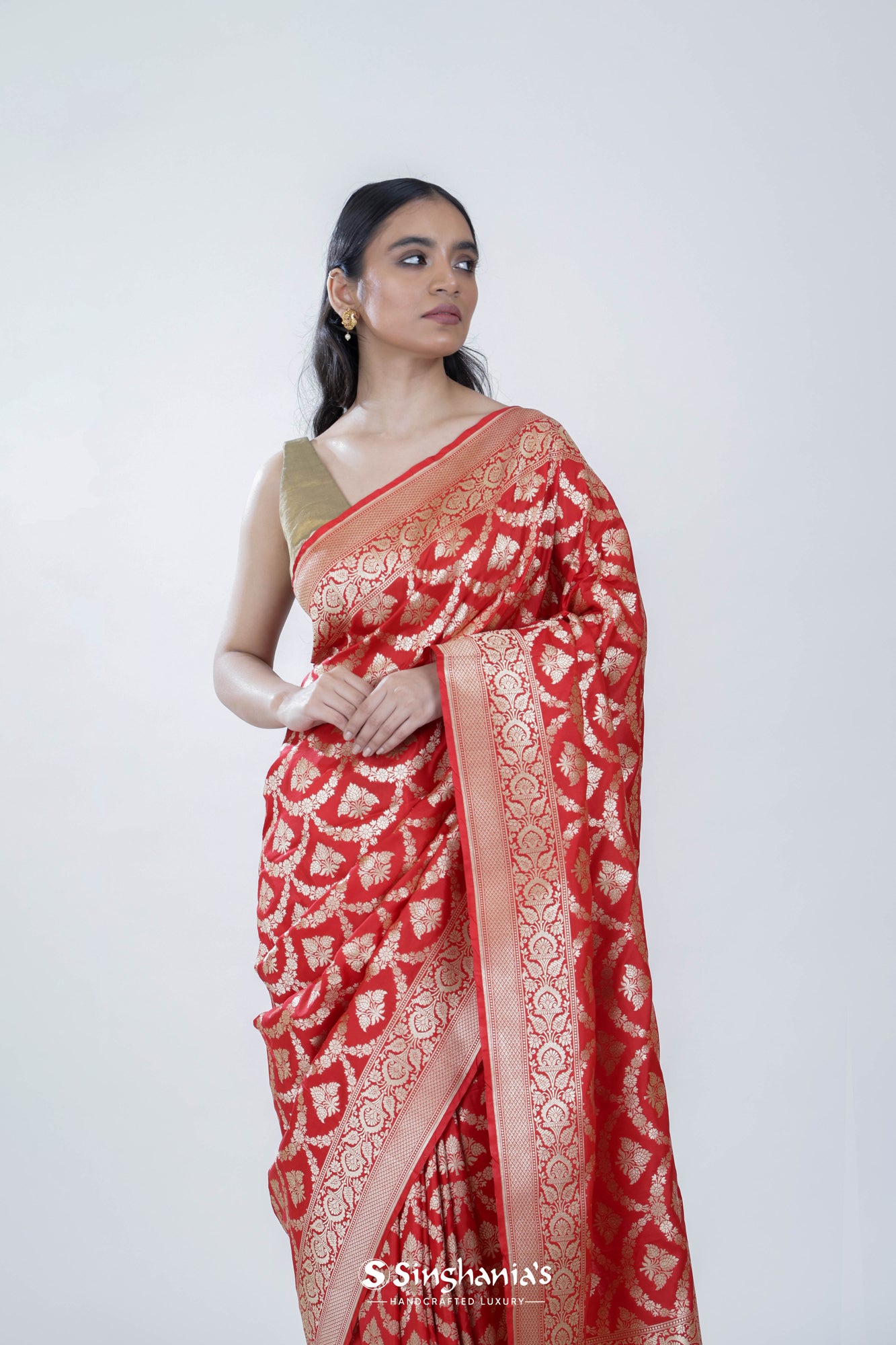 Fire Red Banarasi Silk Saree With Floral Jaal Weaving