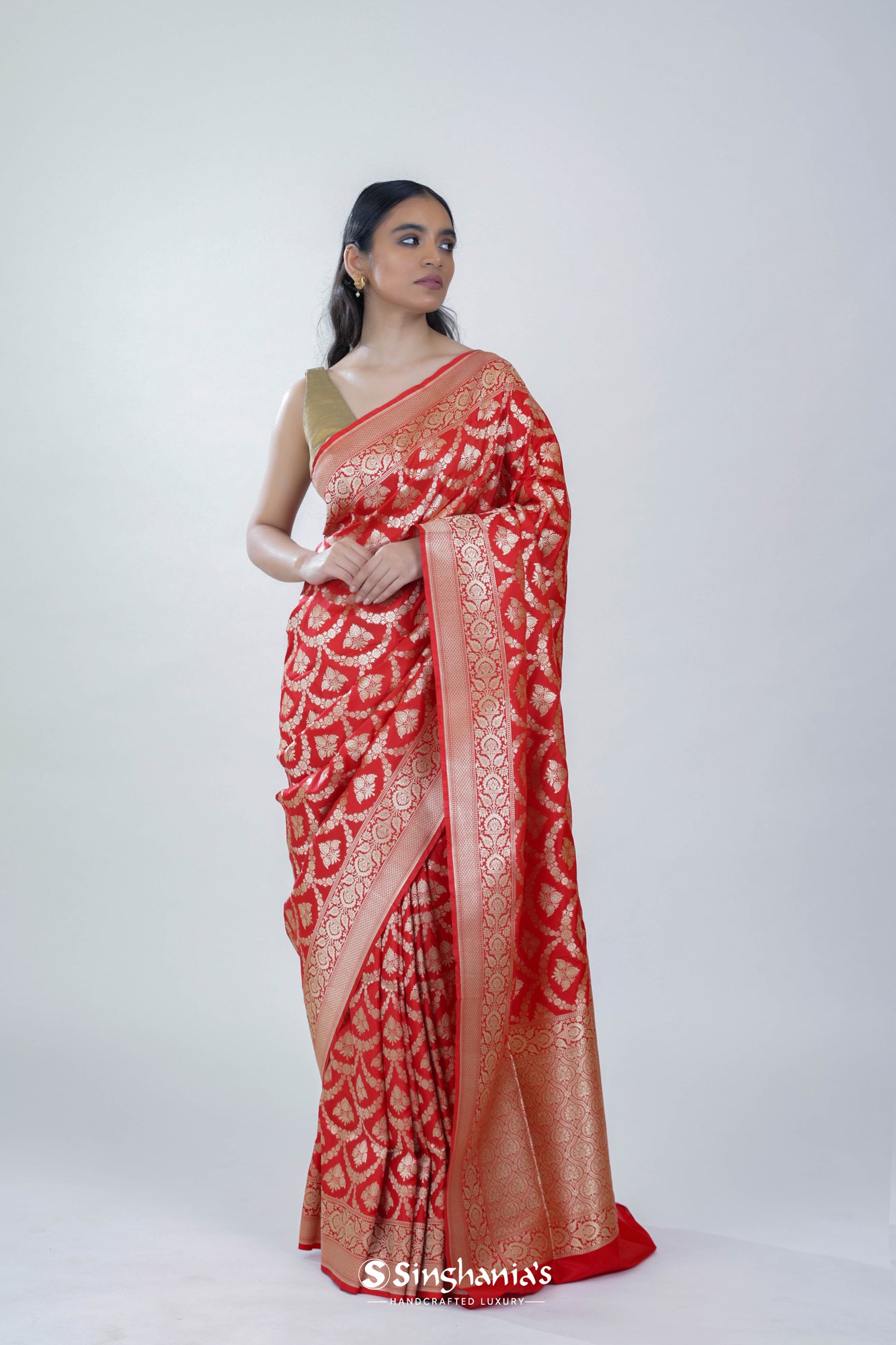 Fire Red Banarasi Silk Saree With Floral Jaal Weaving