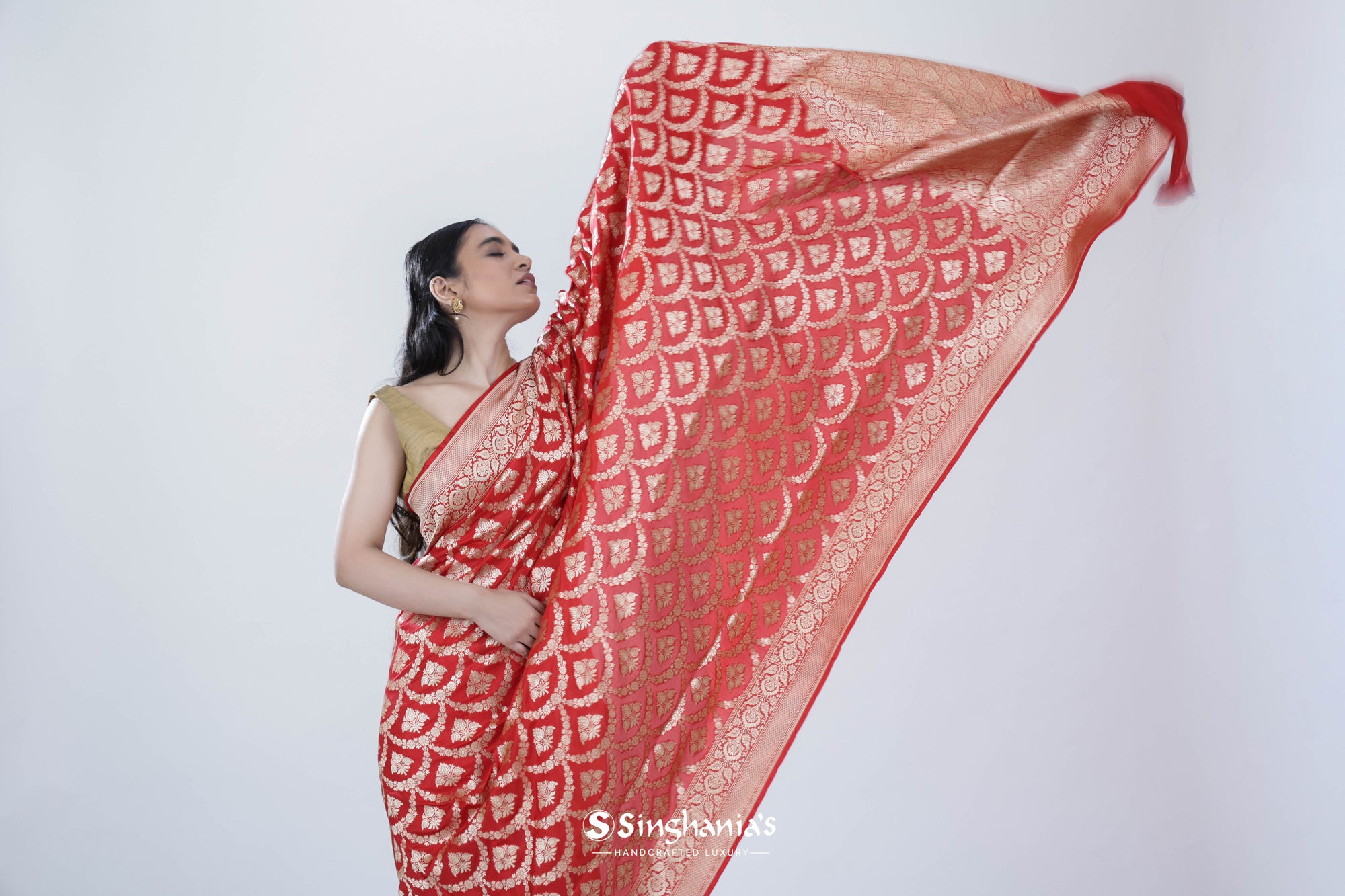 Fire Red Banarasi Silk Saree With Floral Jaal Weaving