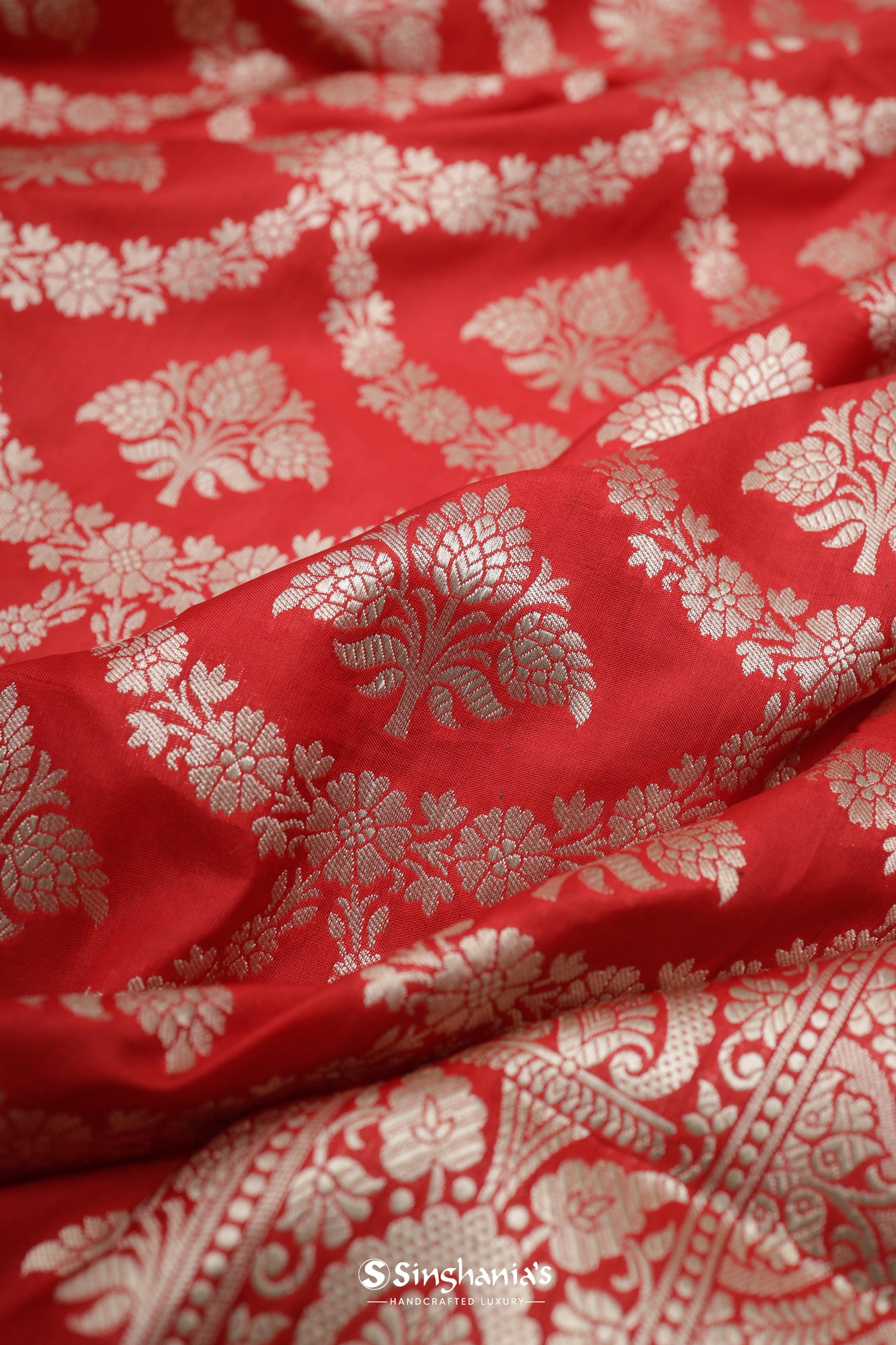 Fire Red Banarasi Silk Saree With Floral Jaal Weaving