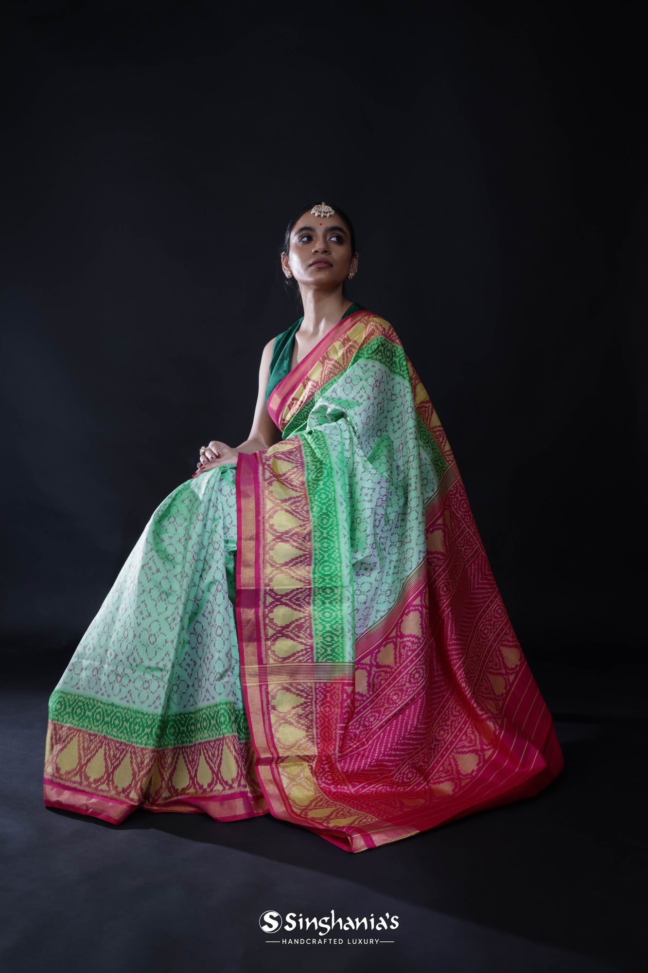 Seafoam Green Ikat Patola Silk Saree