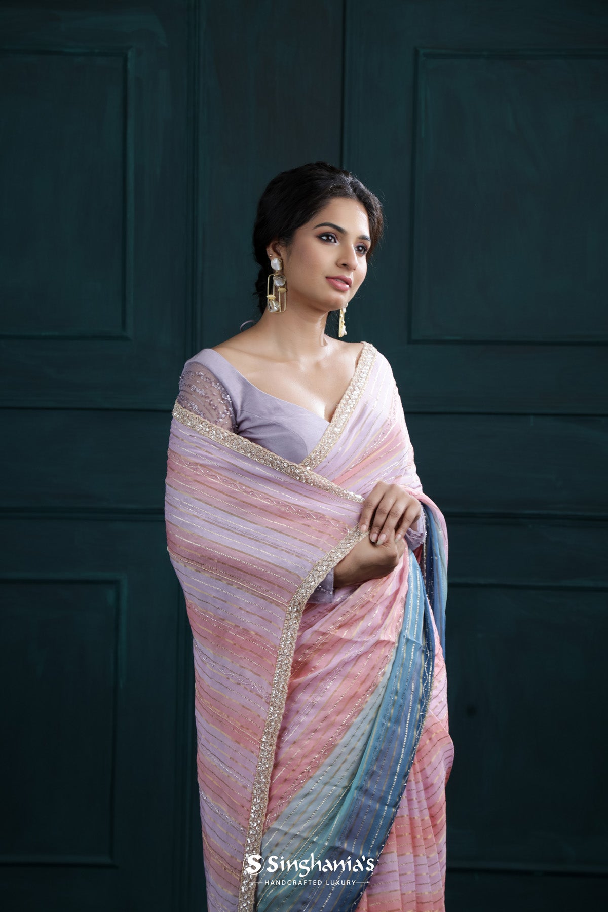 Pink-Peach Printed Georgette Saree With Hand Embroidery