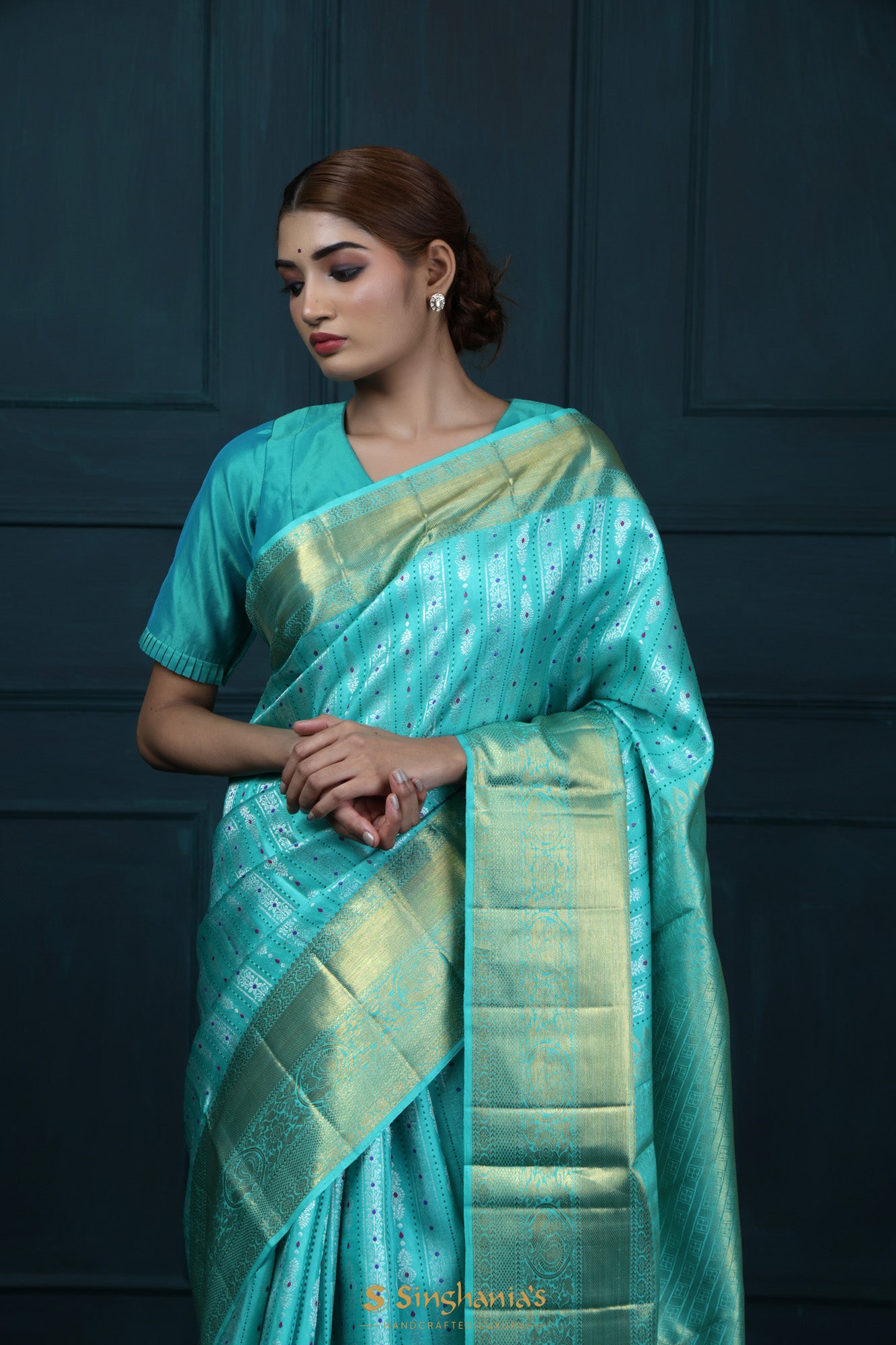 Bright Turquoise Blue Kanjivaram Silk With Floral-Stripes Weaving