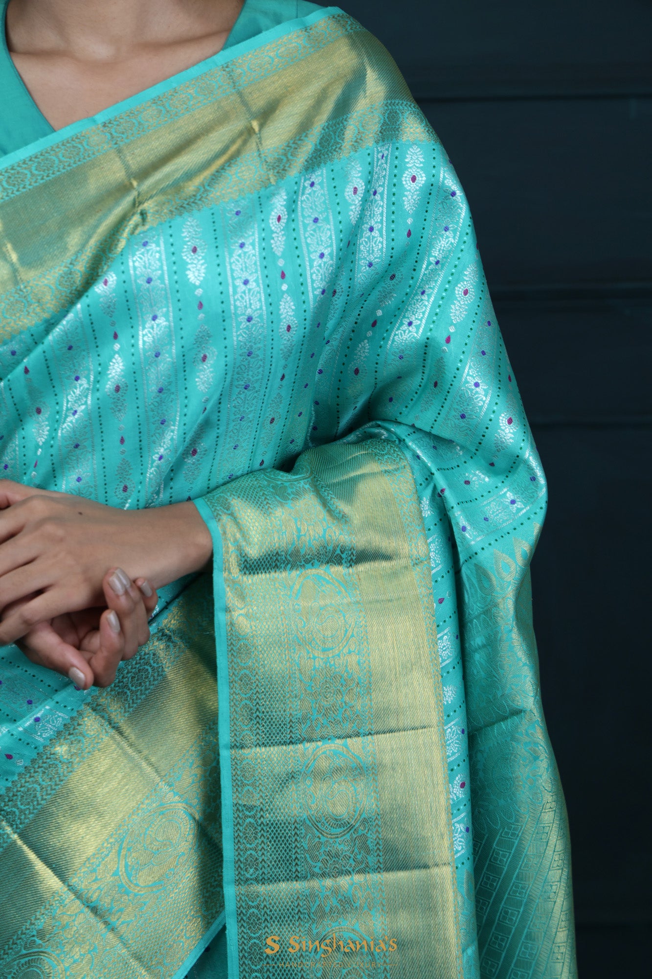 Bright Turquoise Blue Kanjivaram Silk With Floral-Stripes Weaving