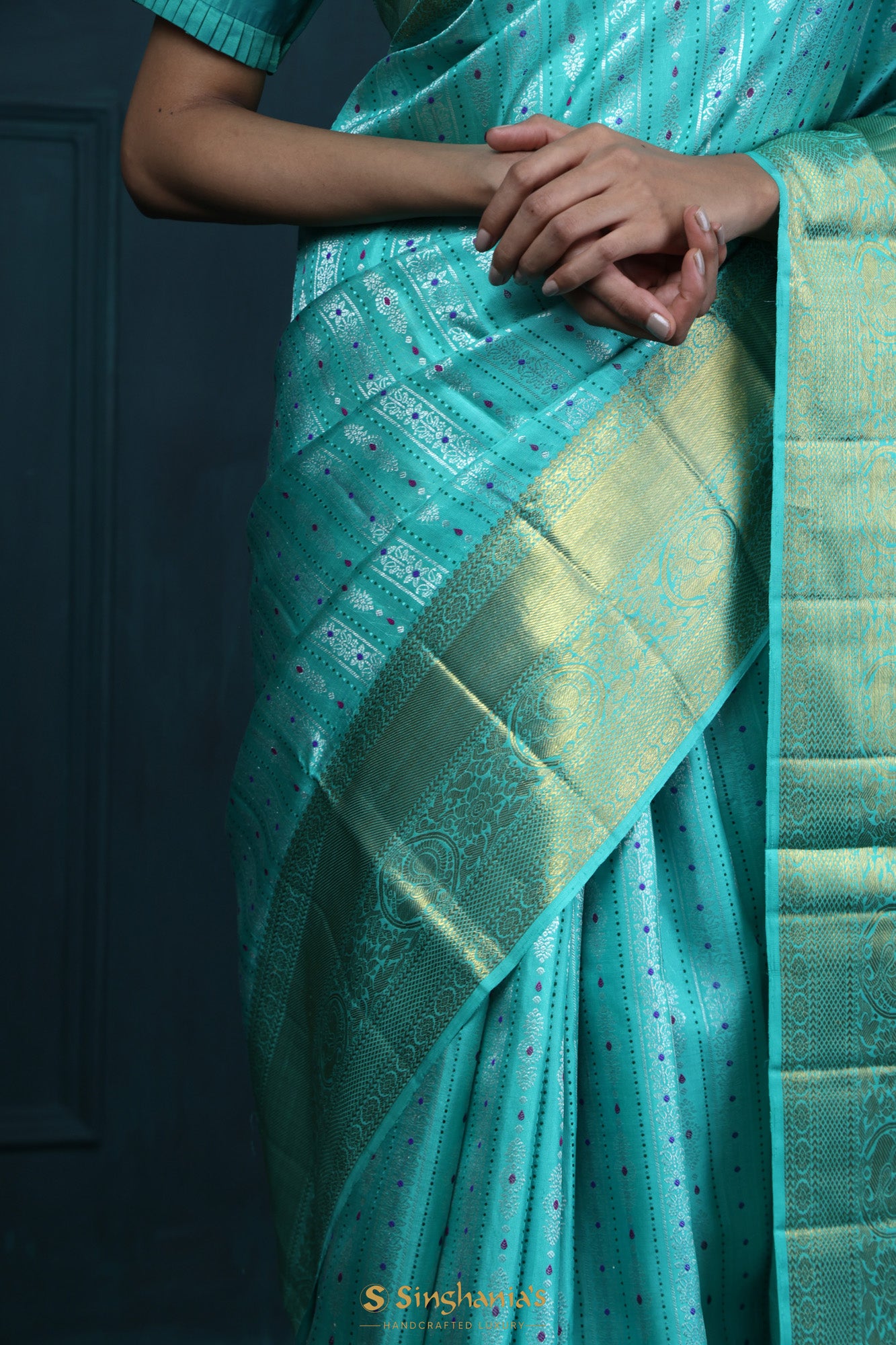 Bright Turquoise Blue Kanjivaram Silk With Floral-Stripes Weaving