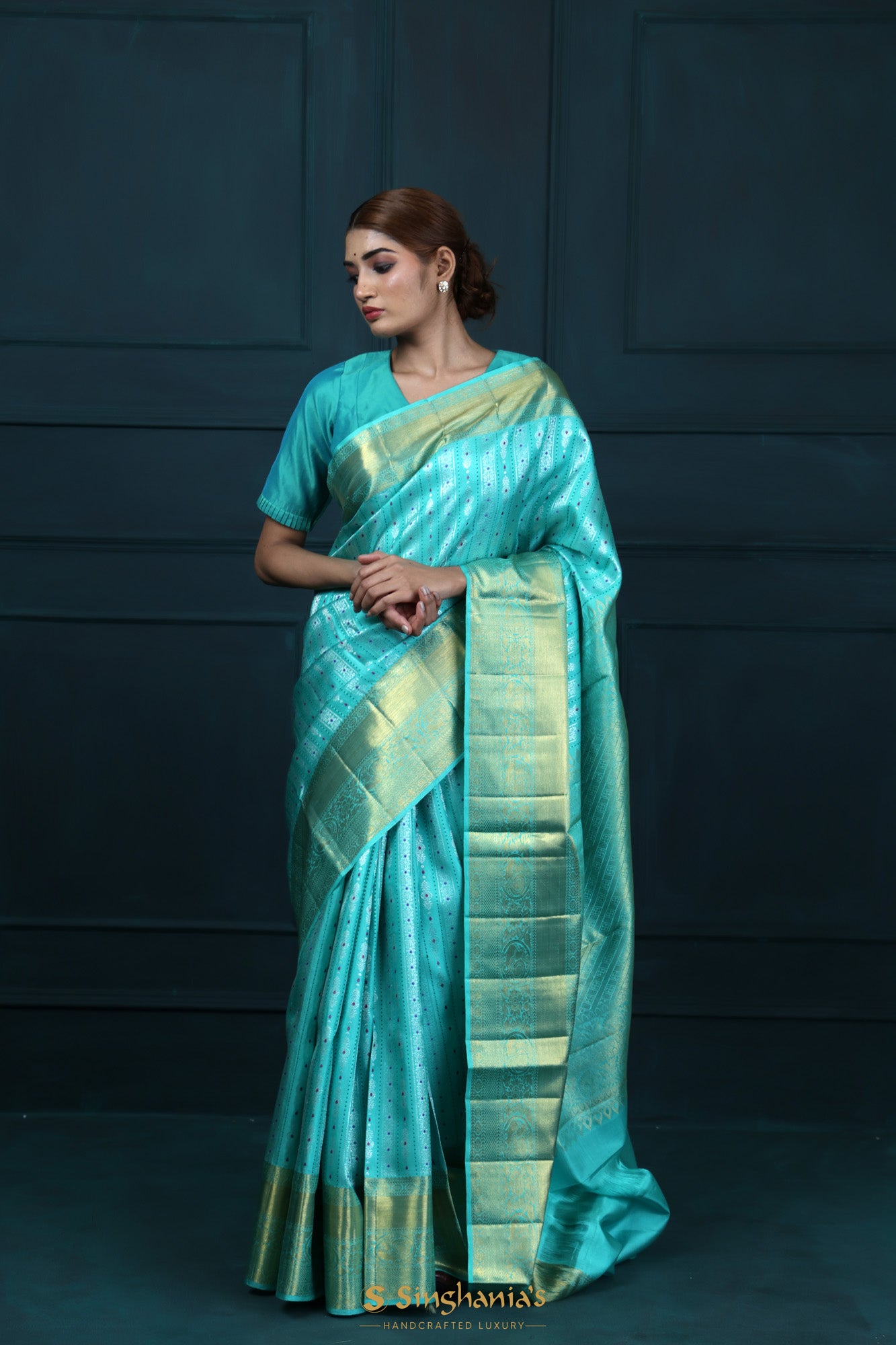 Bright Turquoise Blue Kanjivaram Silk With Floral-Stripes Weaving