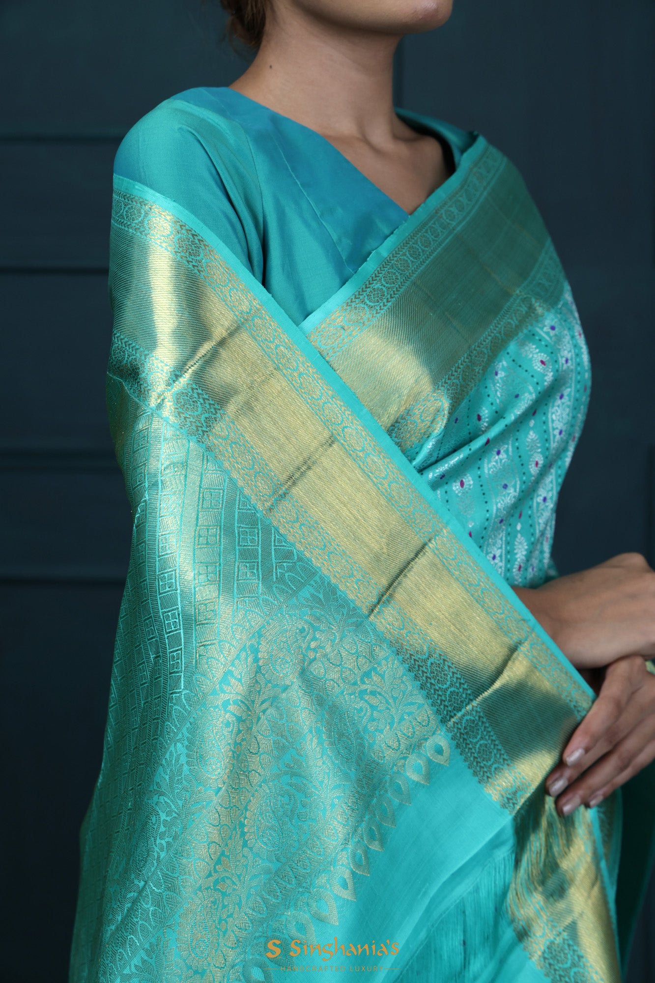 Bright Turquoise Blue Kanjivaram Silk With Floral-Stripes Weaving