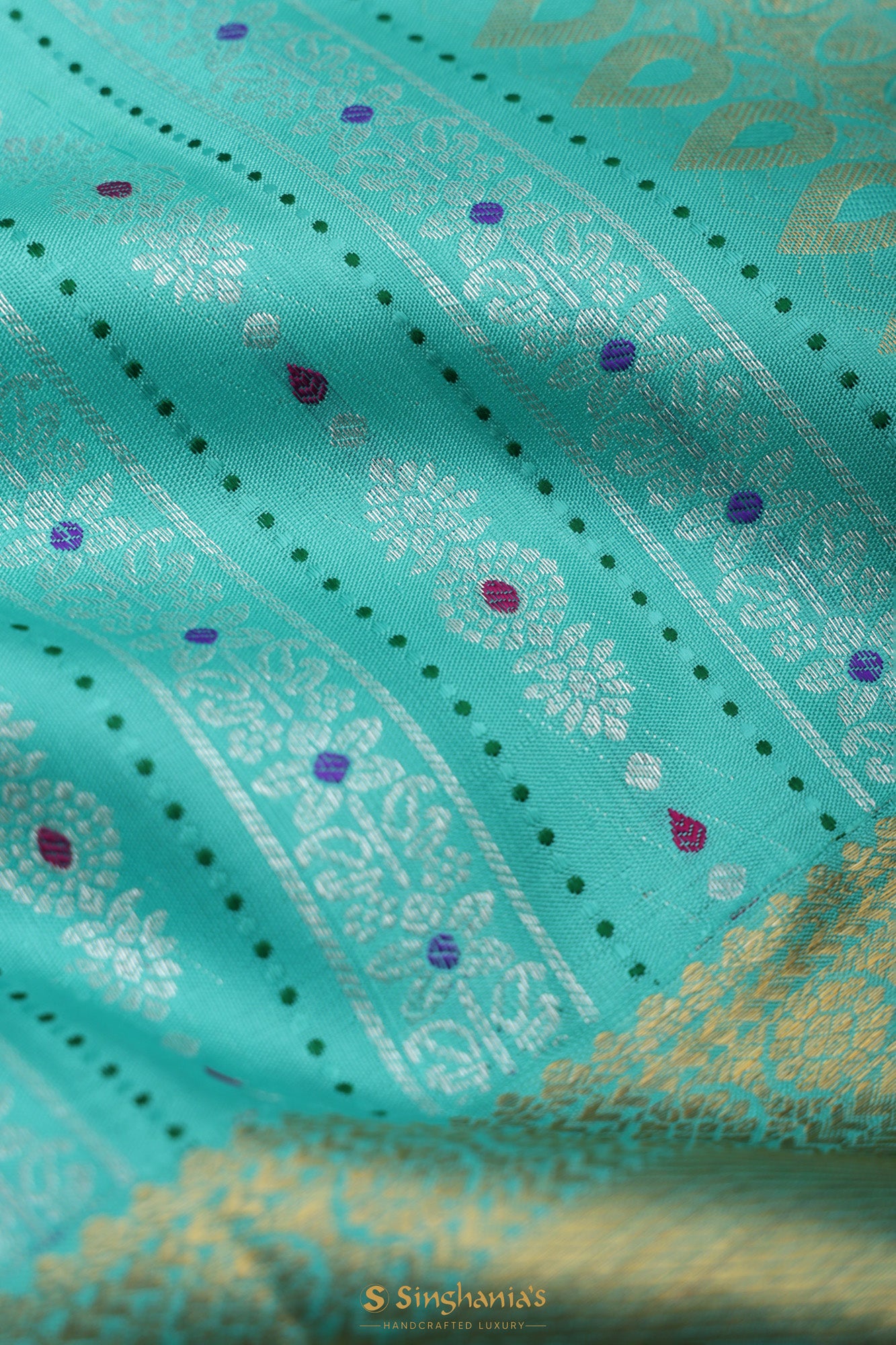 Bright Turquoise Blue Kanjivaram Silk With Floral-Stripes Weaving