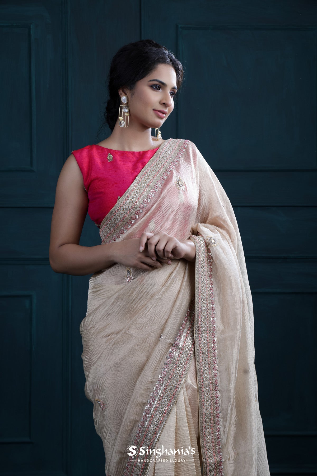 Almond Beige Tissue Organza Saree With Chikankari Embroidery