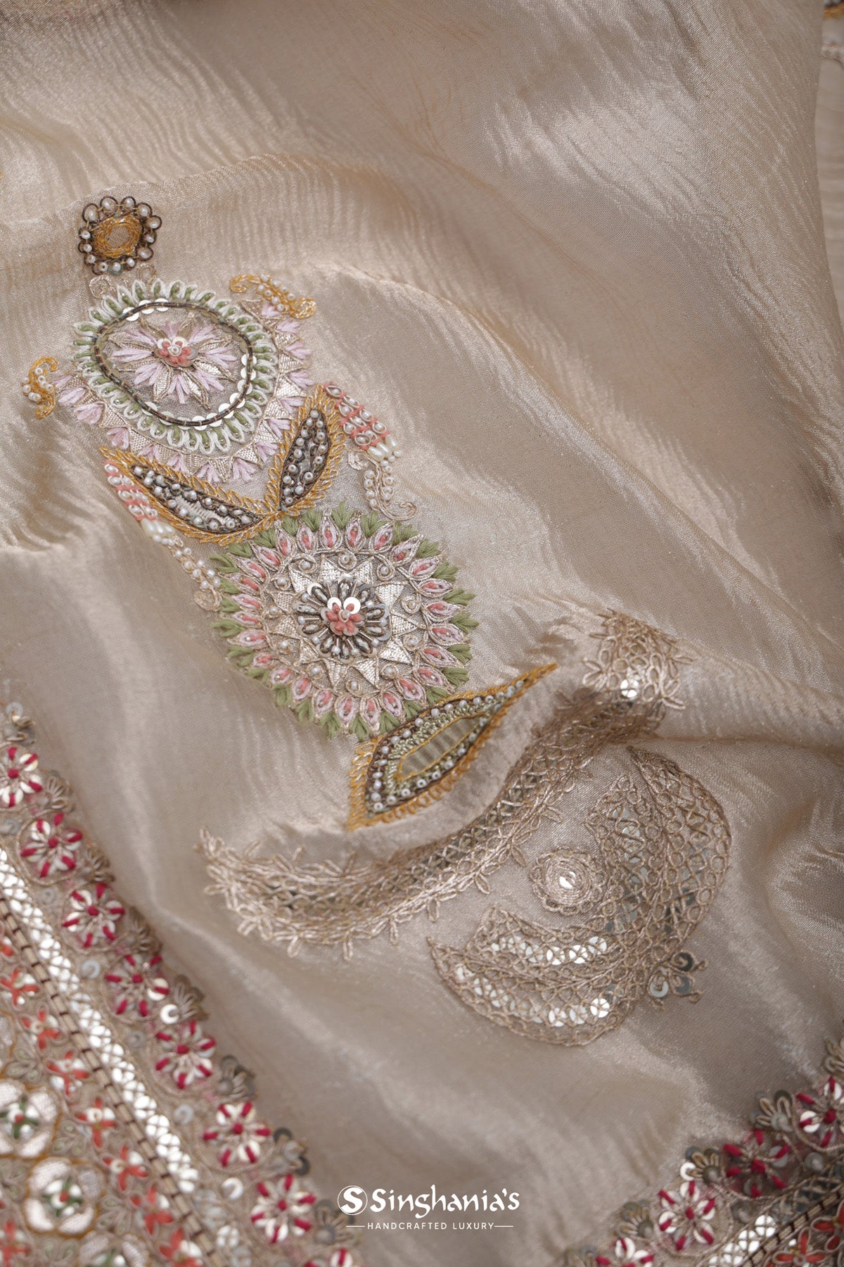 Almond Beige Tissue Organza Saree With Chikankari Embroidery