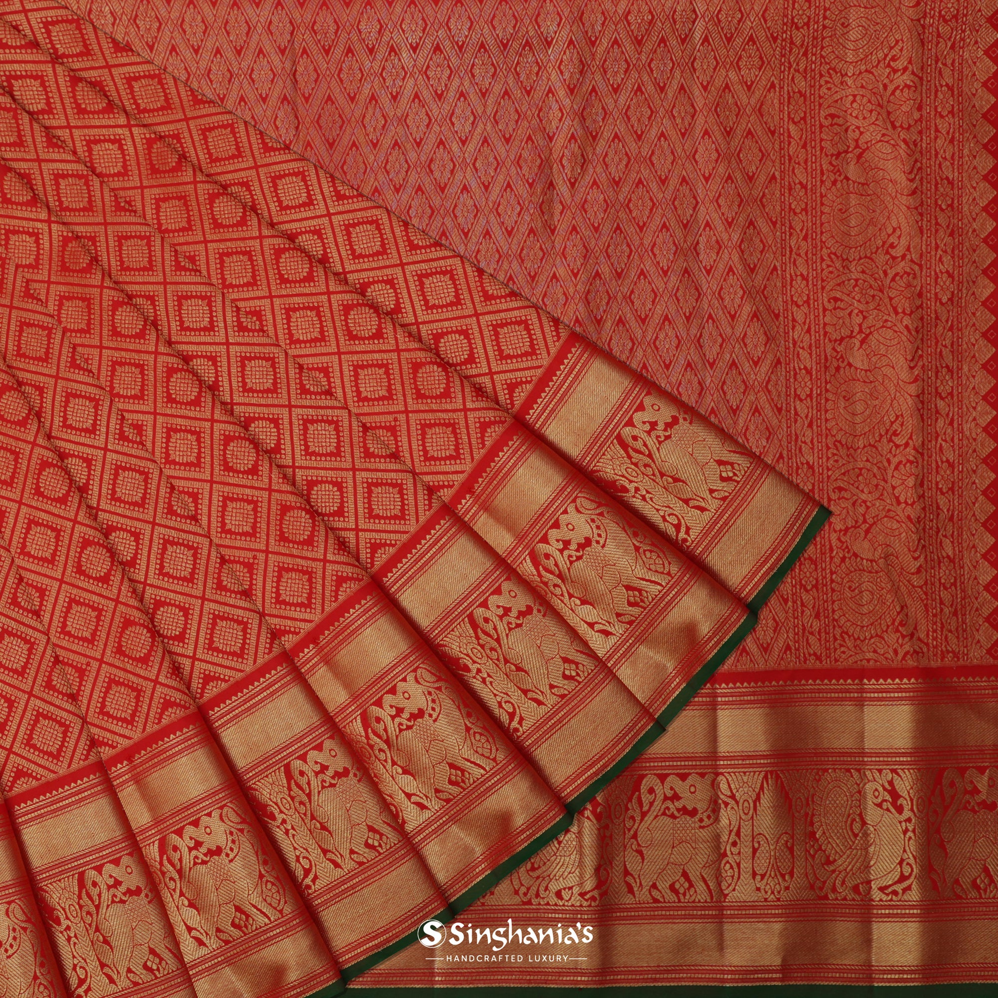 Persian Red Kanjivaram Silk Saree With Geometrical Weaving