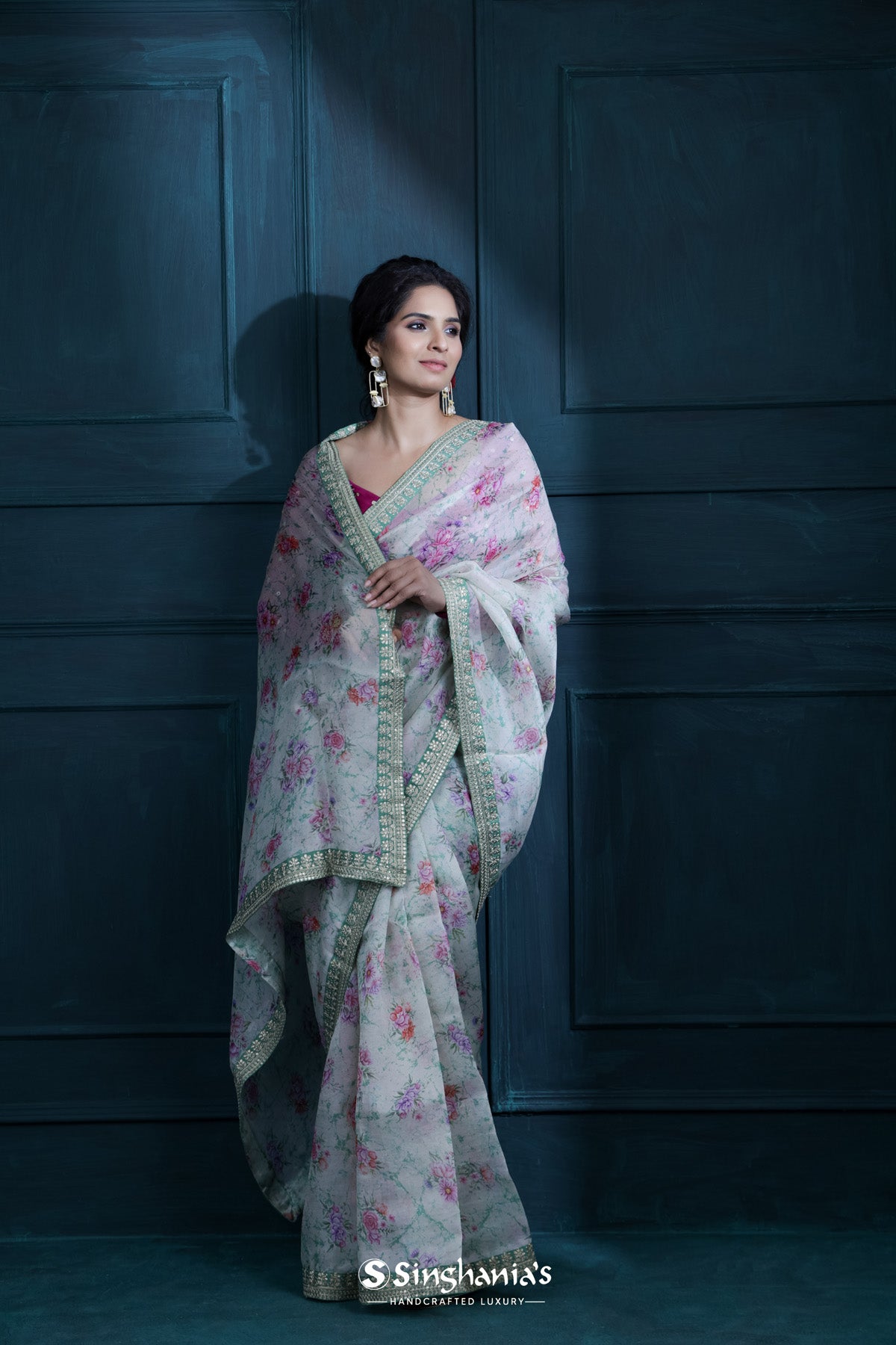 Mint White Printed Organza Saree