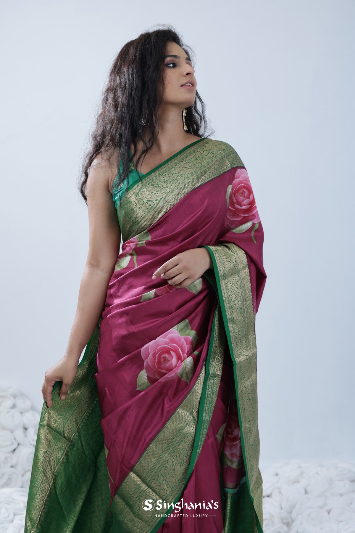 Cardinal Purple Printed Kanjivaram Silk Saree With Floral Design