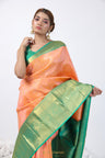 Peach-Orange Dual Tone Kanjivaram Silk Saree With Contrast Big Border