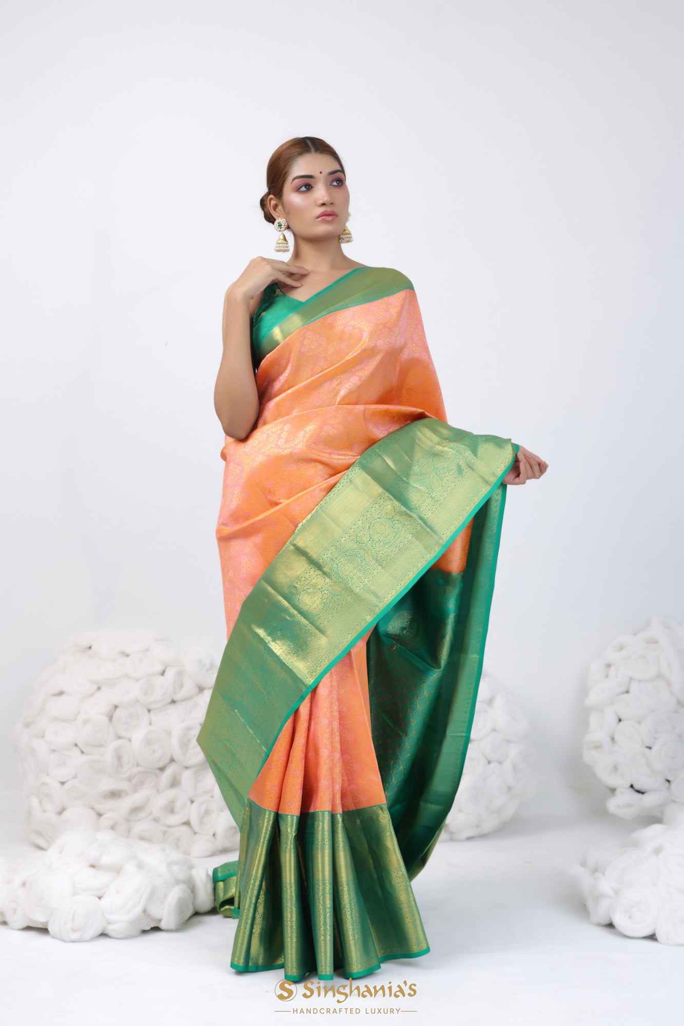 Peach-Orange Dual Tone Kanjivaram Silk Saree With Contrast Big Border