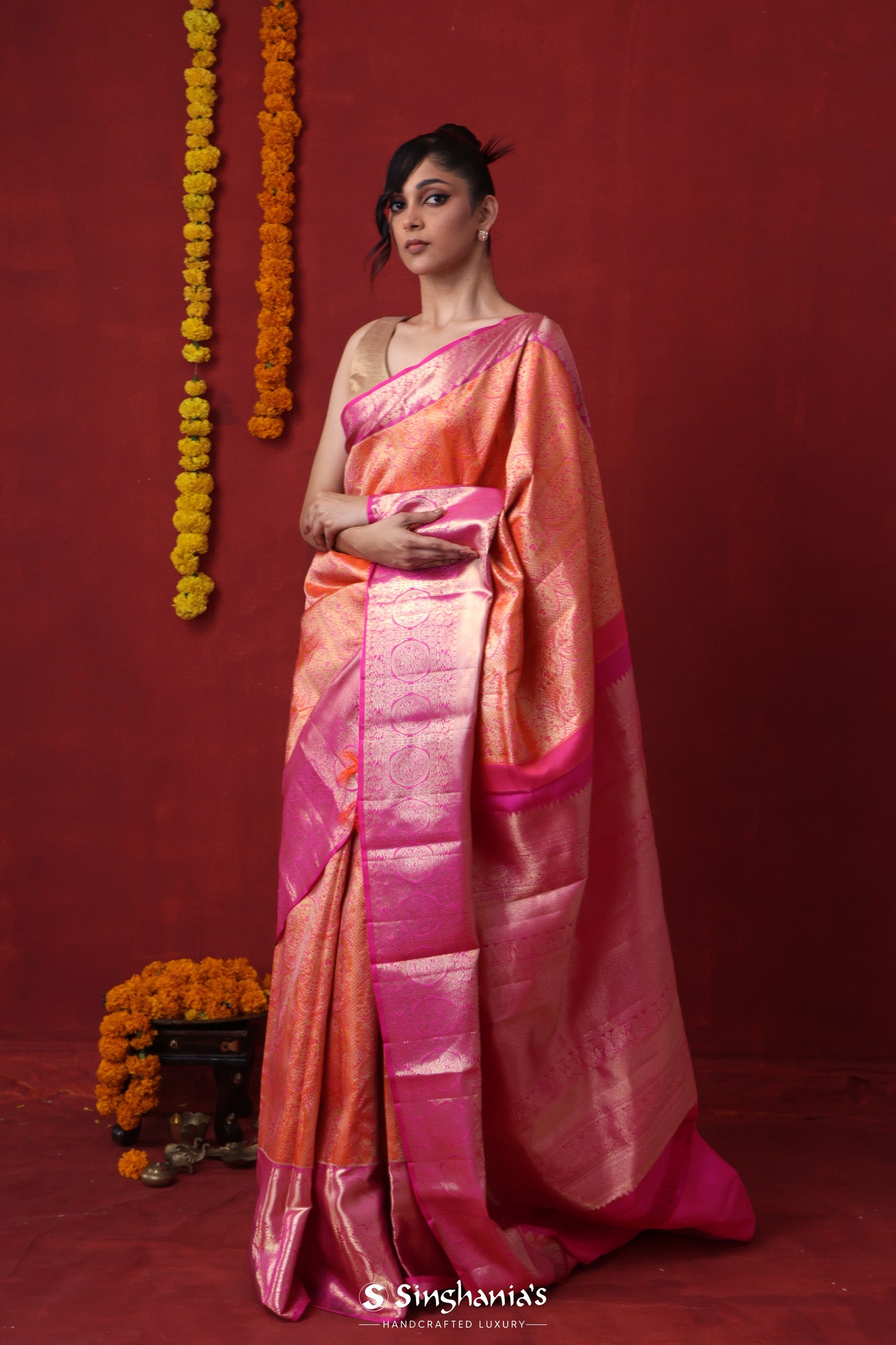 Carrot Orange Korvai Kanjivaram Silk Saree With Contrast Border